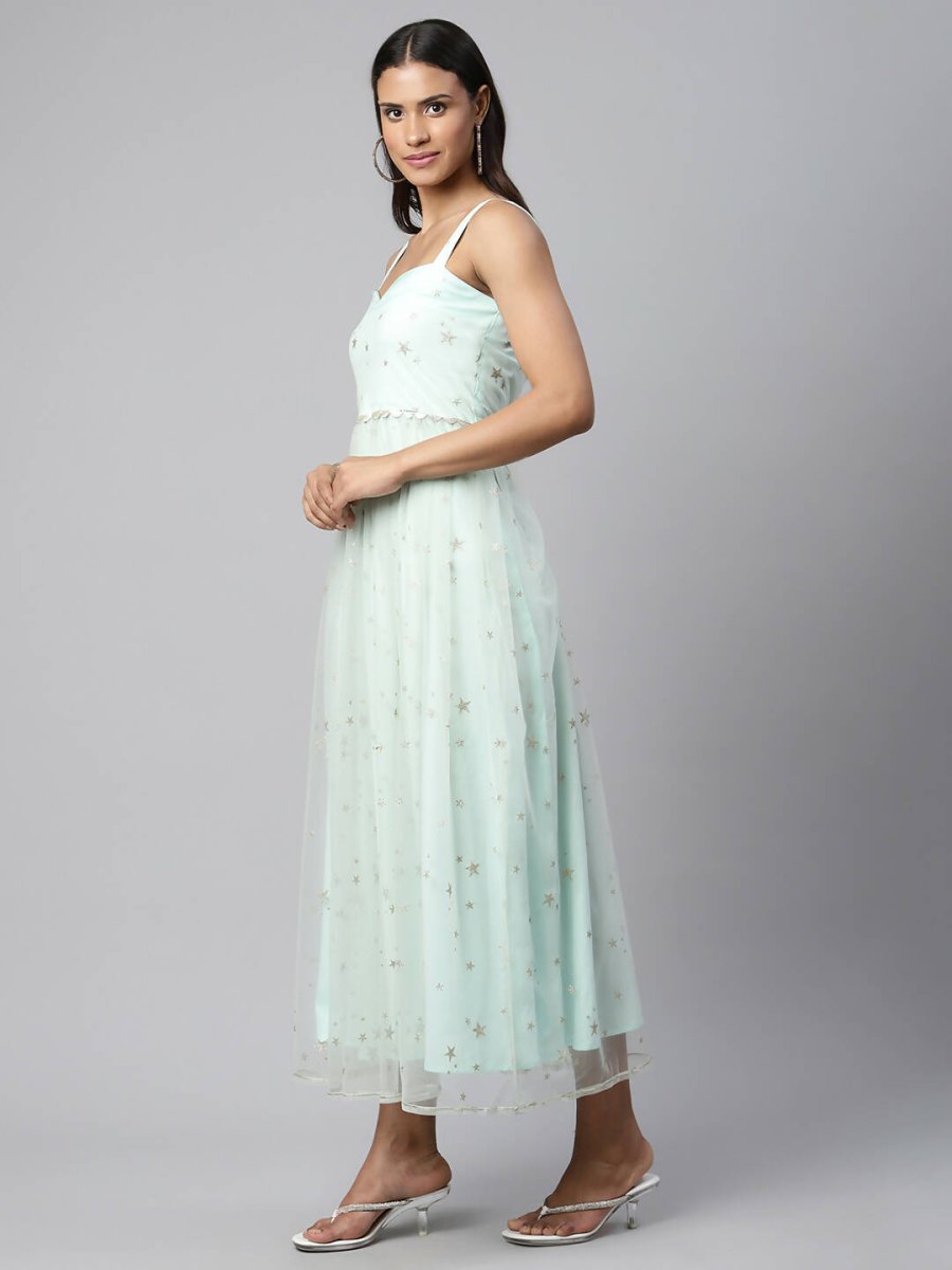 Ahalyaa Women Summer Blue Net Glitter Printed Dress | Swadesiicart