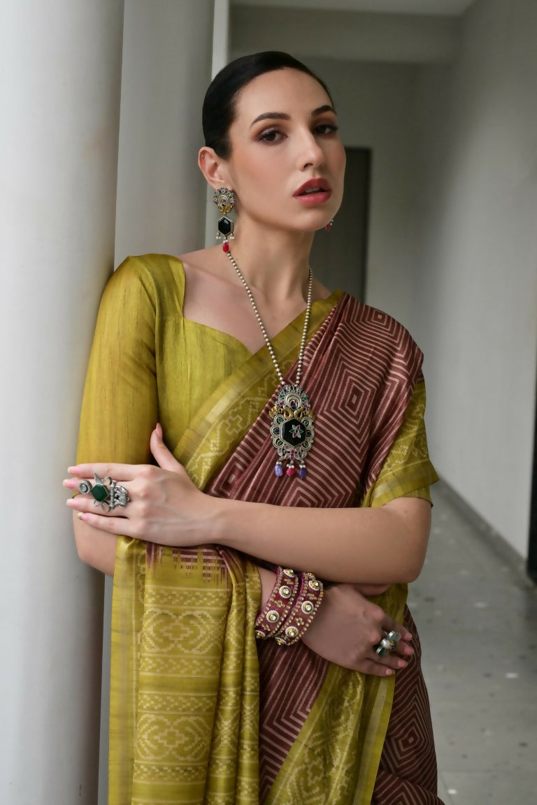 Vishnu Weaves Women's Pista Soft Tussar Silk Printed Saree with Blouse - Swadesiicart
