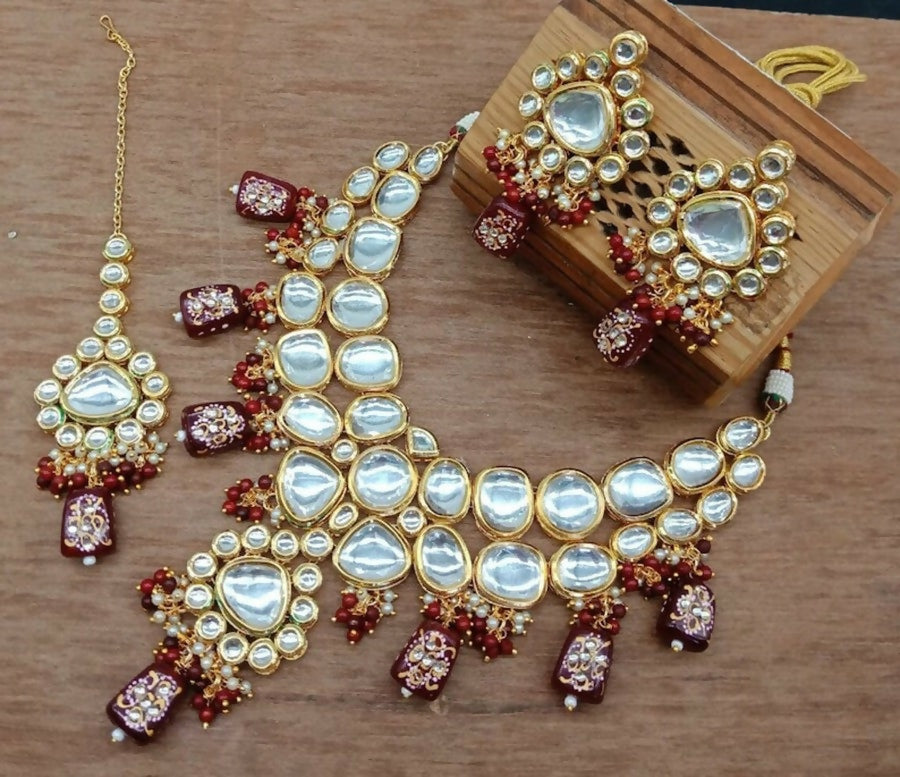 Joban Fashion Marron kundan work Necklace Set | Swadesiicart
