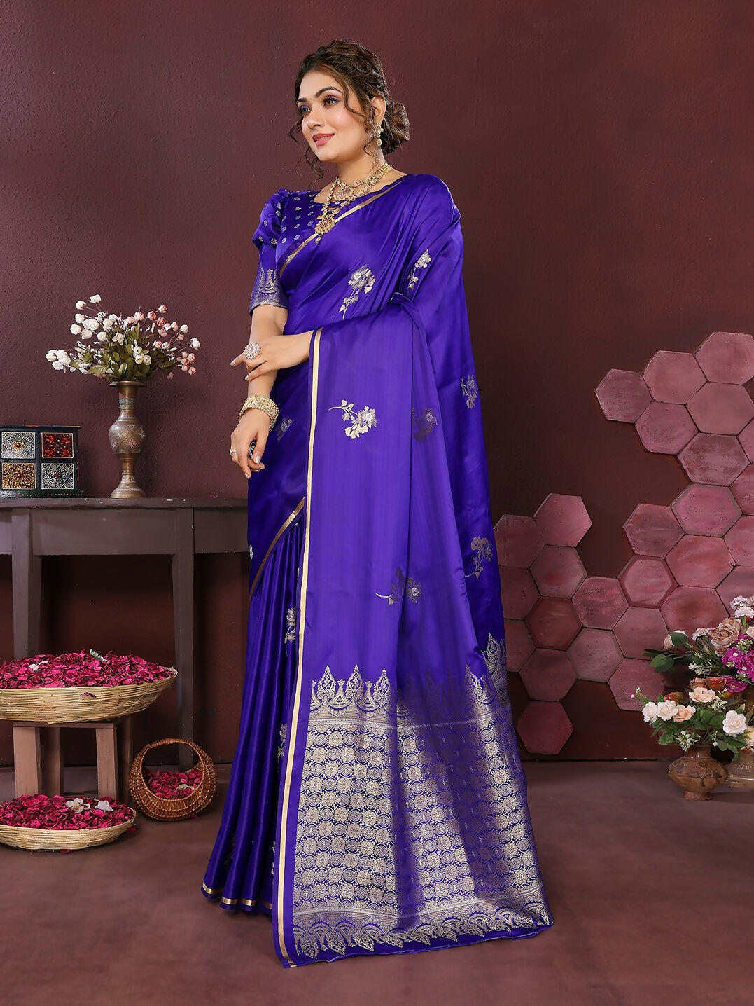 Joban Fashion Indigo Blue Floral Banarasi Silk Sarees | Swadesiicart