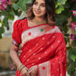 Vishnu Weaves Women's Red Banarasi Silk Zari Woven Paithani Saree with Unstitched Blouse - Swadesiicart