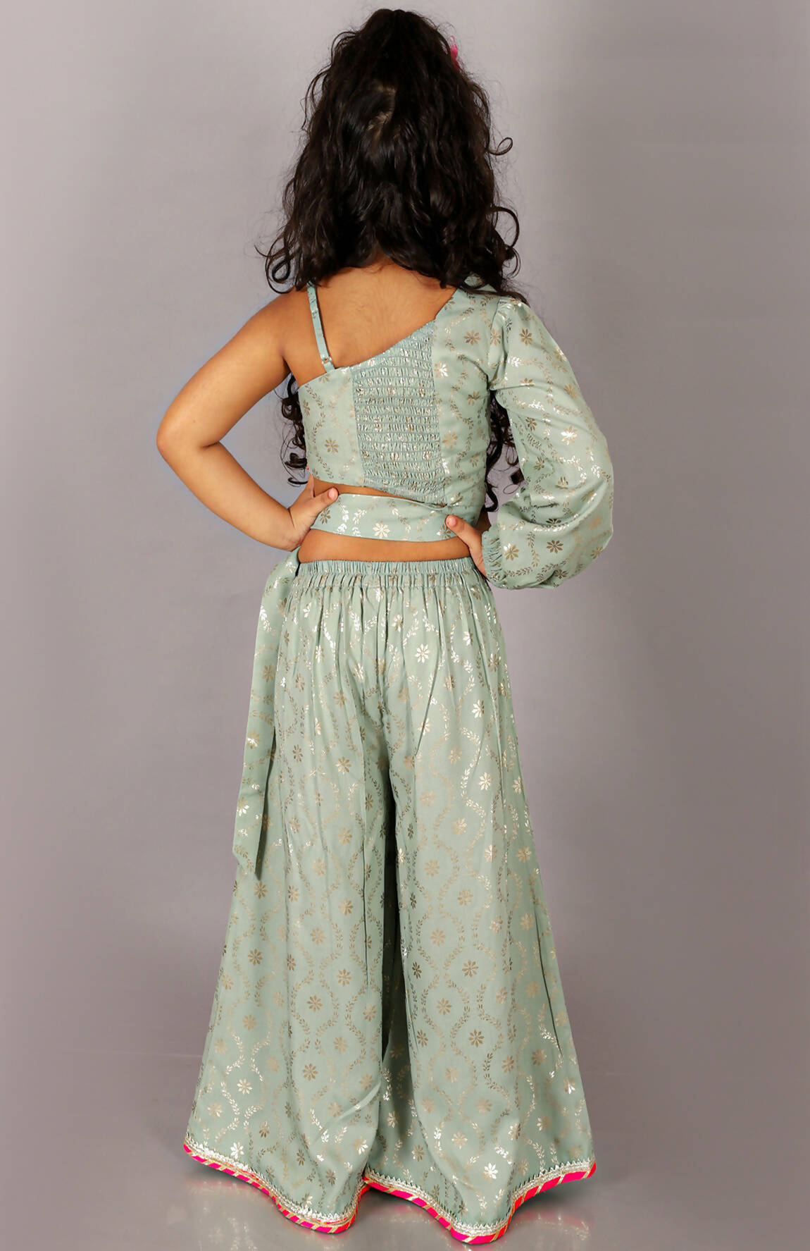 Lil Drama Fusion Fair Girls Green Crop Top With Palazzo Co-Ordinate Set - Swadesiicart