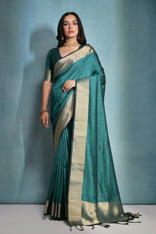 Vishnu Weaves Women's Rama Raw Silk Zari Woven Saree with Blouse - Swadesiicart