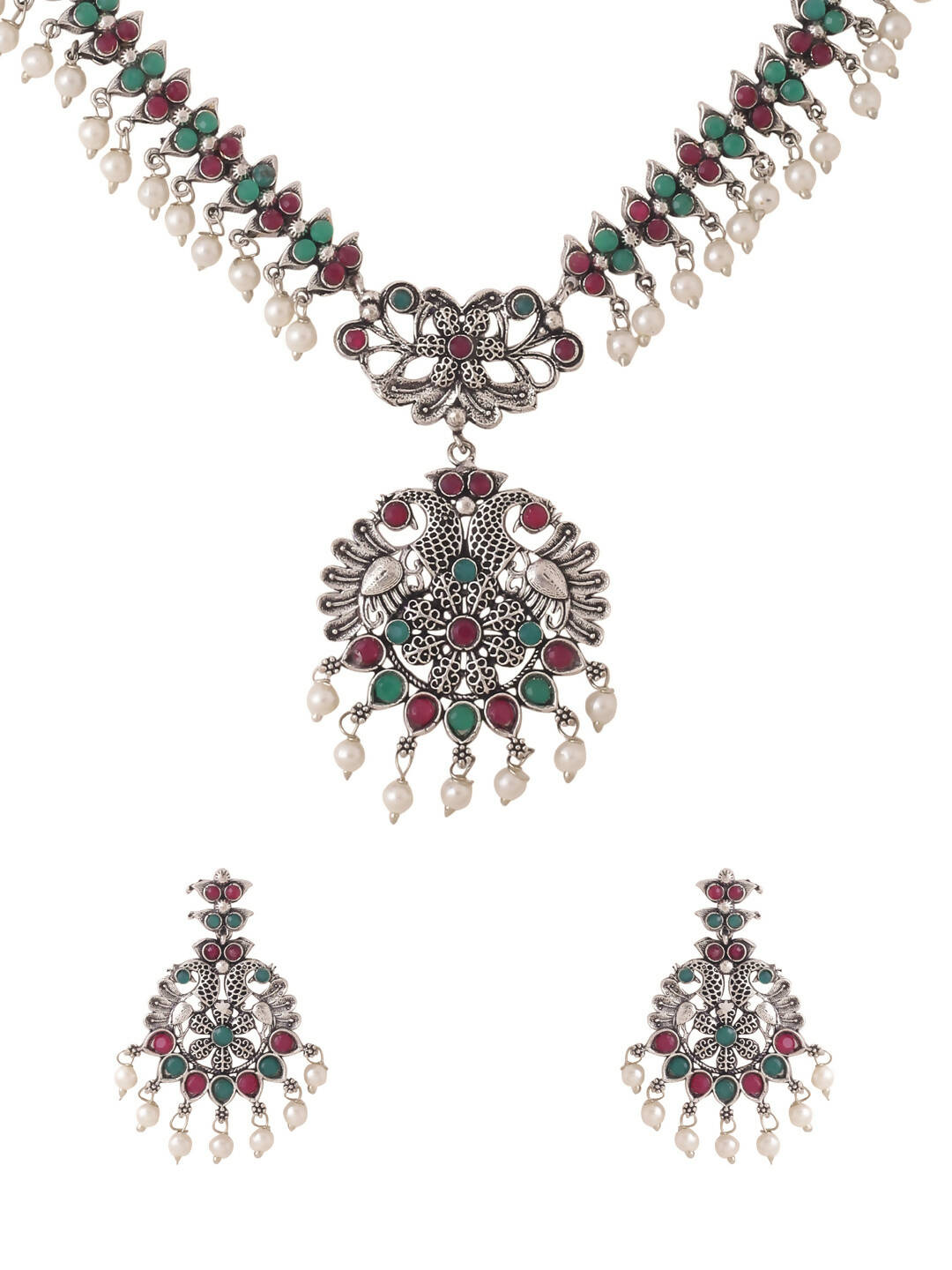 NVR Women Stone Studded Oxidised Silver Jewellery Set - Swadesiicart
