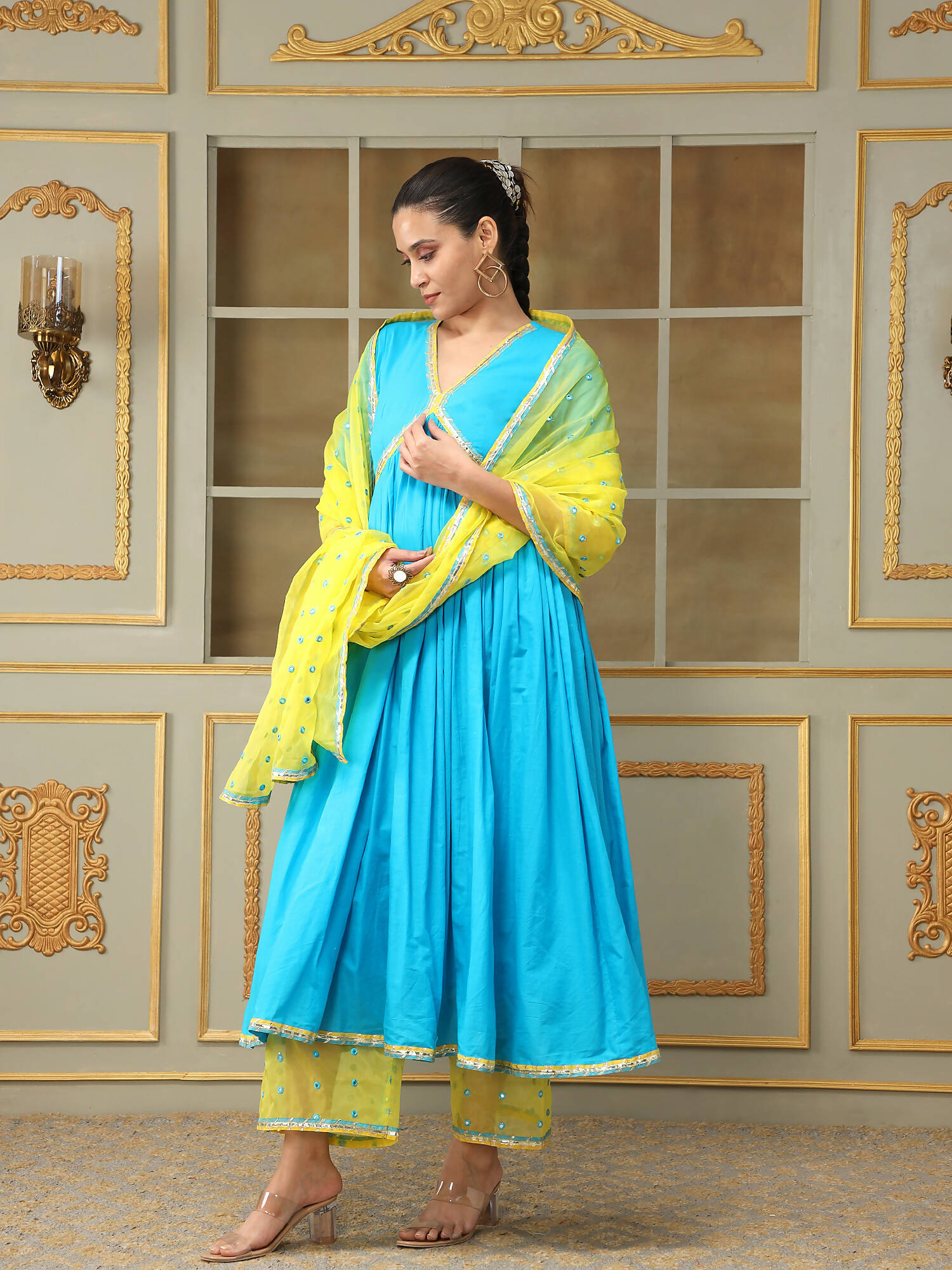 Pomcha Jaipur Blue Saadgi Blue Mirror Work Anarkali Set | Swadesiicart