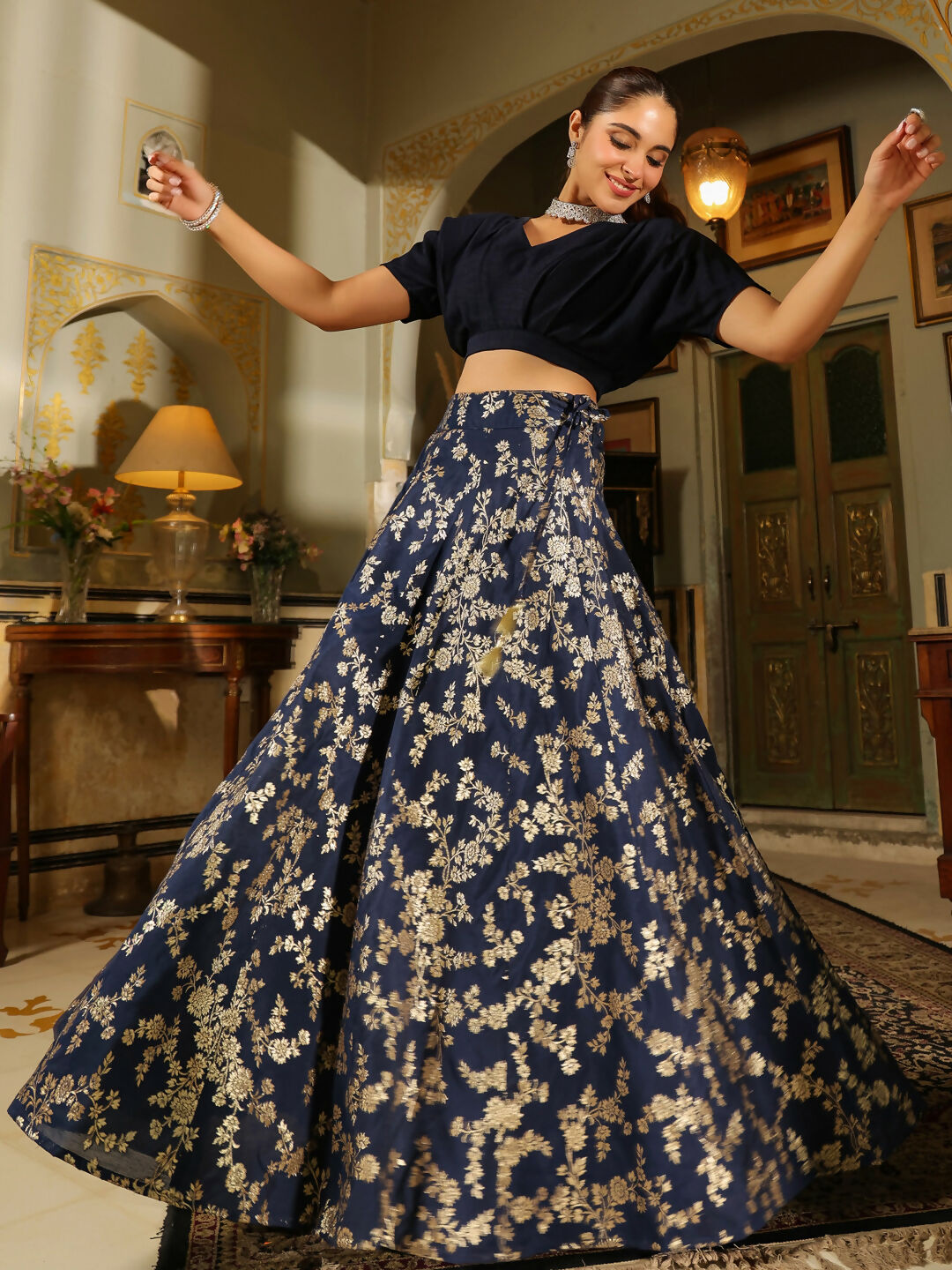 Janasya Navy Blue Silk Blend Solid Lehenga Choli | Swadesiicart