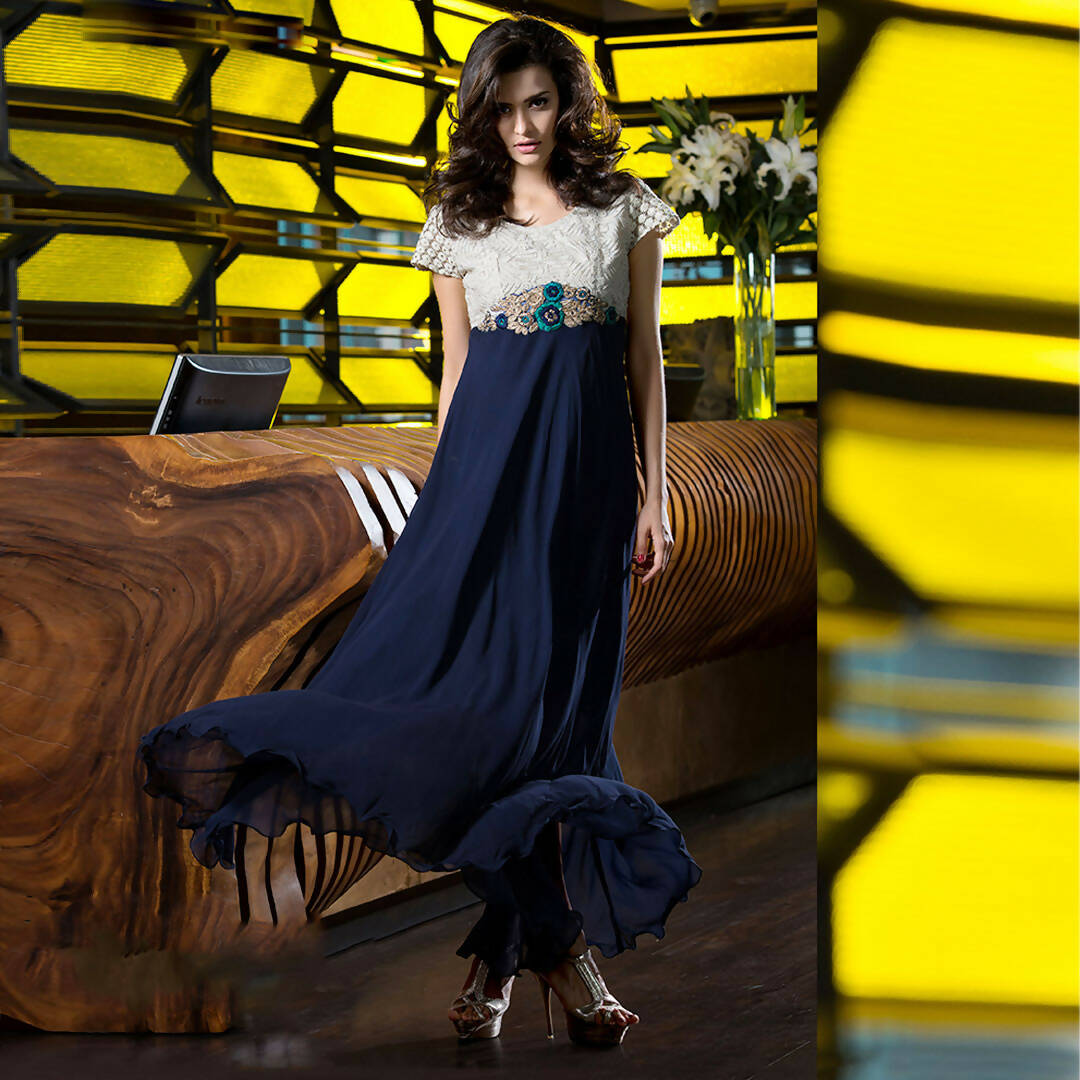 Blue Georgette Floral Embroidered A-line Kurti - Missy