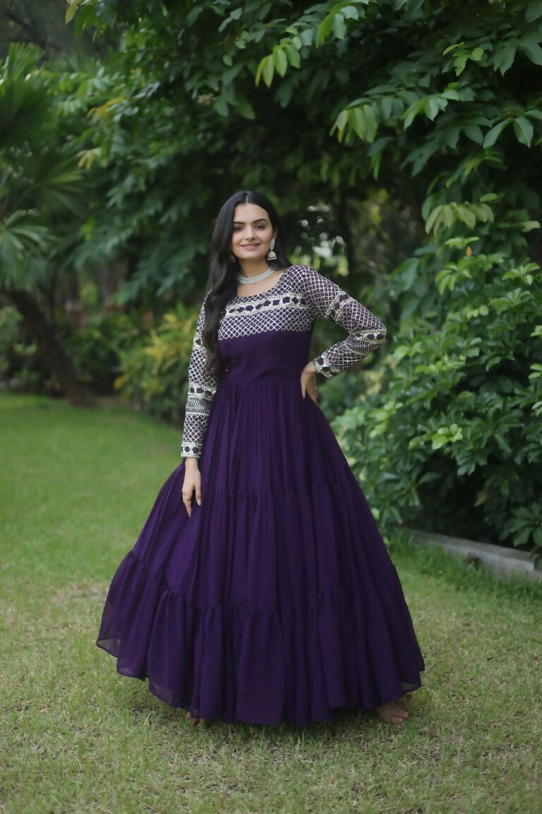 Jyoti Fashion Women's Purple Sequins Zari Embroidered Faux Georgette Anarkali Dress | Swadesiicart