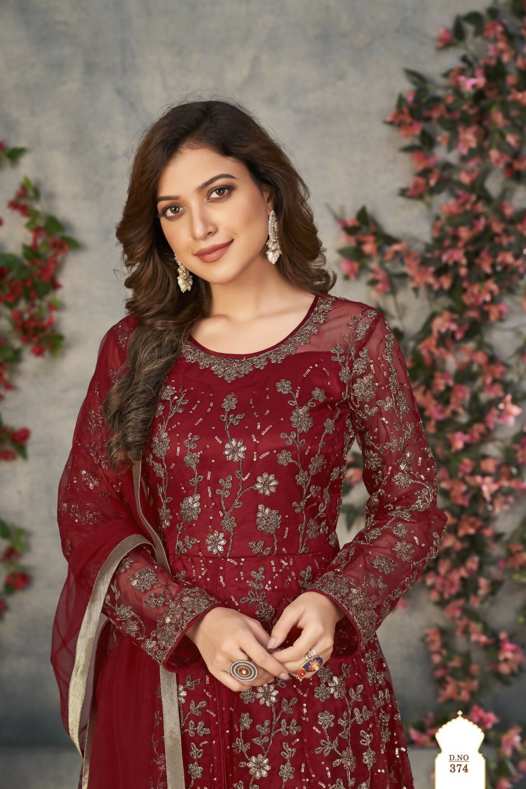 Anaita Maroon Embroidered Net Stitched Anarkali suit