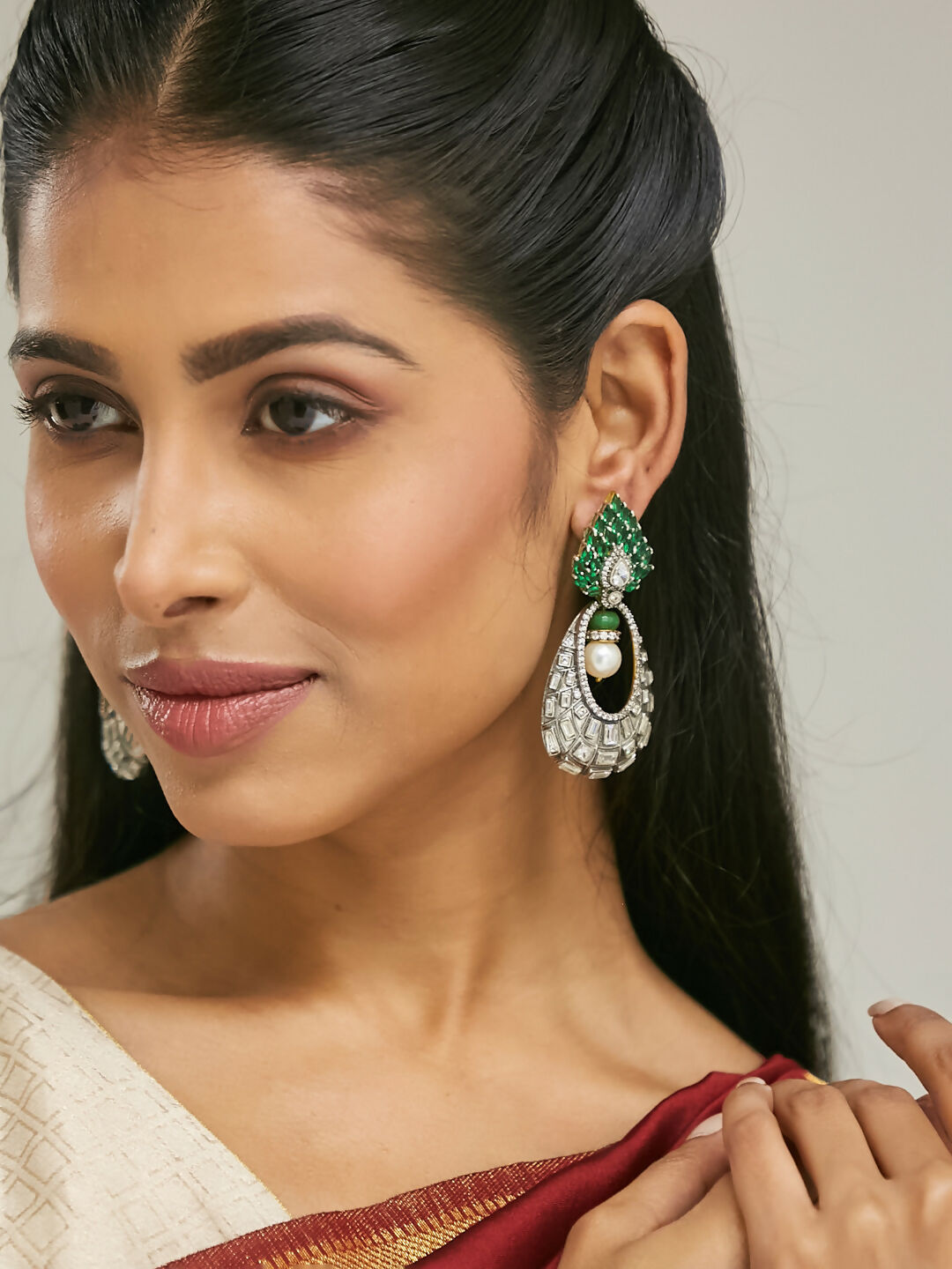 Nuyug 22K Gold-Plated Zircon Studded & Pearl Teardrop Shaped Dangler Earrings | Swadesiicart