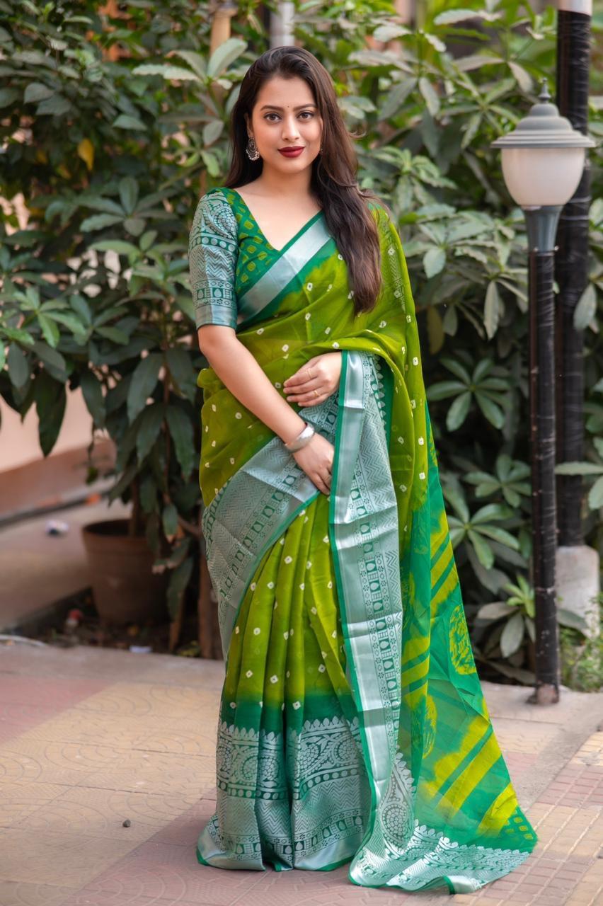Green Jute Silk Ethnic Motifs Saree with Unstitched Blouse - Hiral Fashion | Swadesiicart