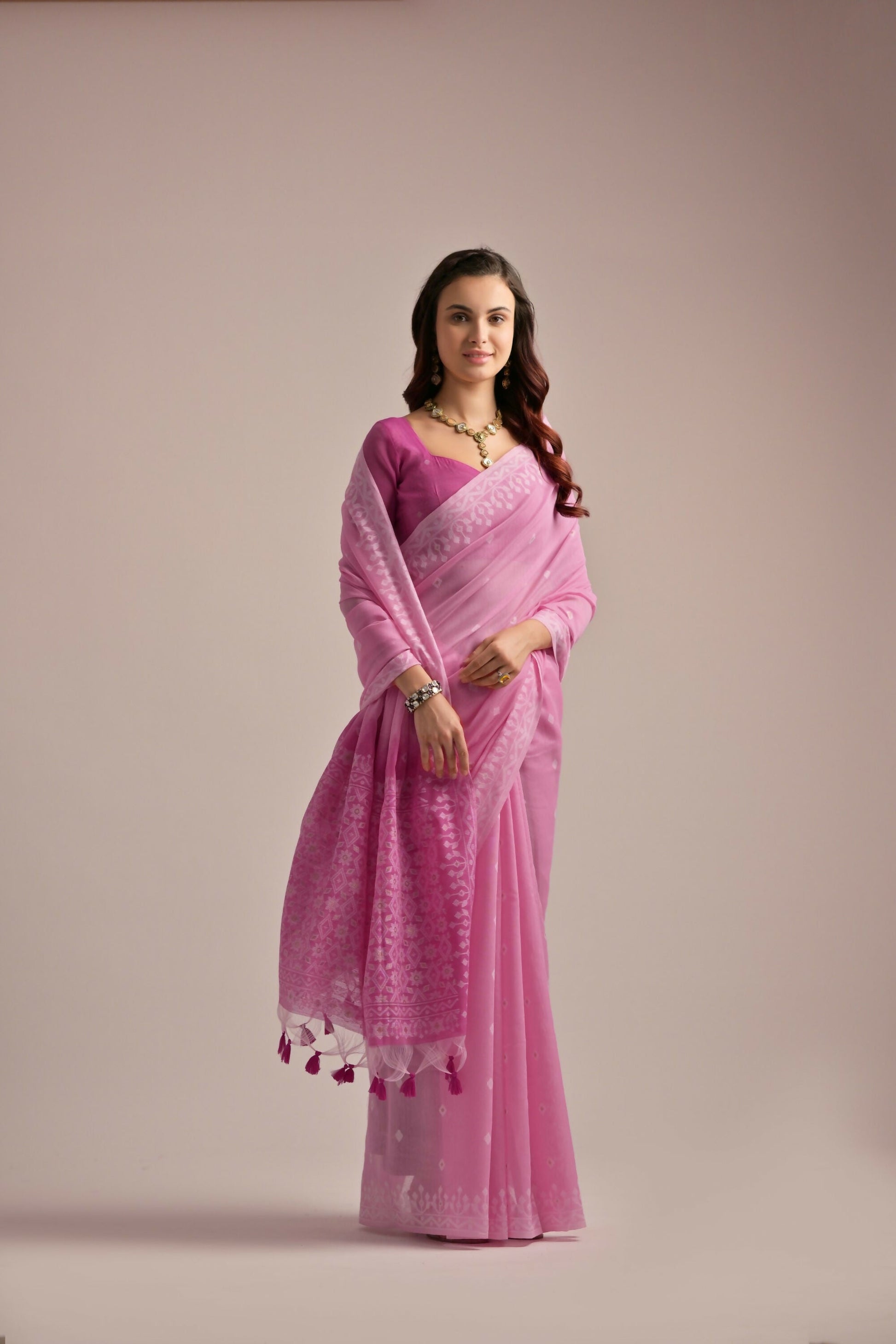Vishnu Weaves Women's Pink Muga Cotton Woven Saree with Blouse - Swadesiicart