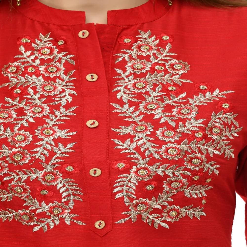 Lagi Women's Red Poly silk Straight Embroidred Kurta & Pant (RO116B) | Swadesiicart