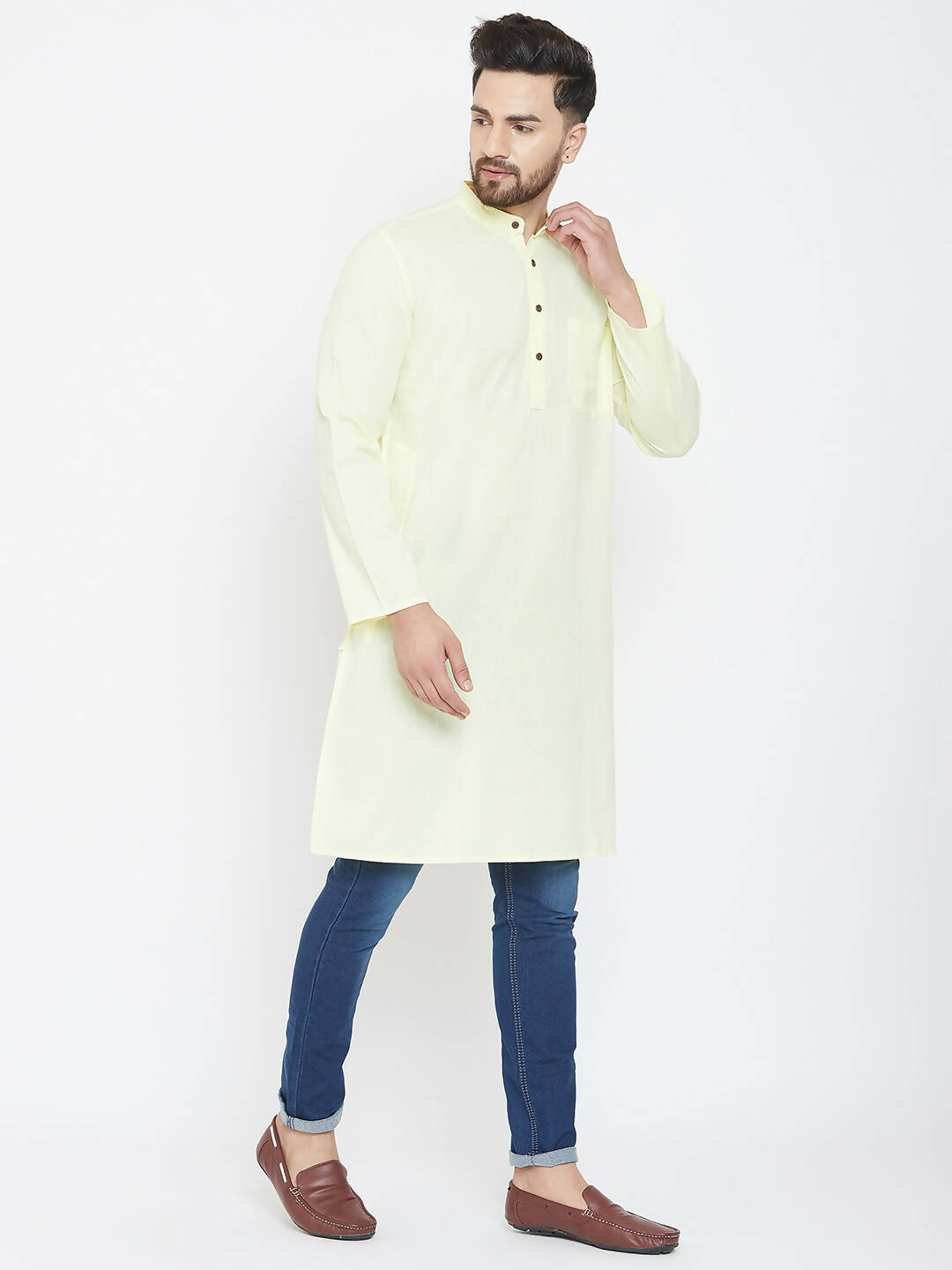 Even Apparels Yellow Color Men's Pure Cotton Kurta With Band Collar | Swadesiicart