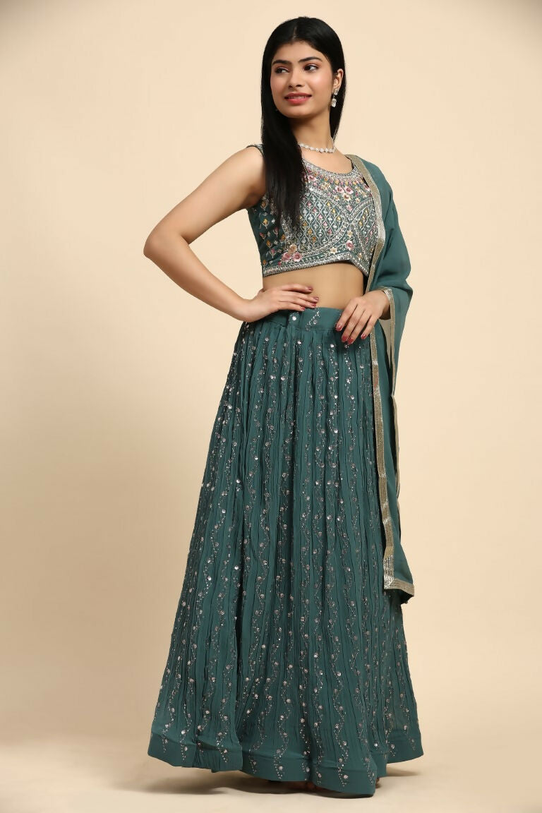 Green Georgette Embroidered Lehenga choli with Dupatta - Dhara | Swadesiicart