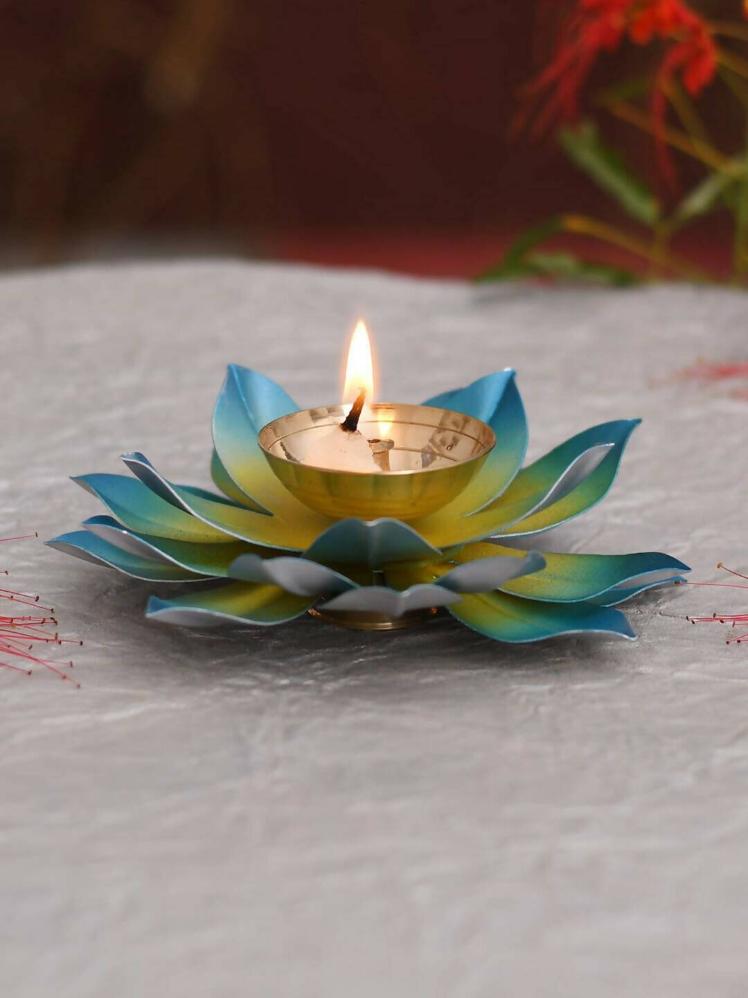 CraftVatika Blue Lotus Hand Painted Diya Metal | Swadesiicart