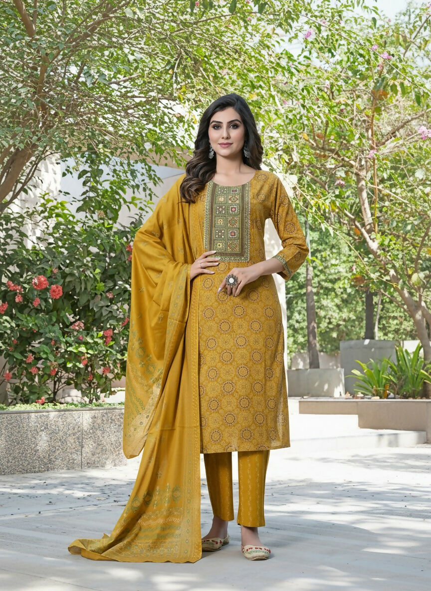 BulBul Aaliya Bright Mustard Cotton Kurta Set with Dupatta - Swadesiicart