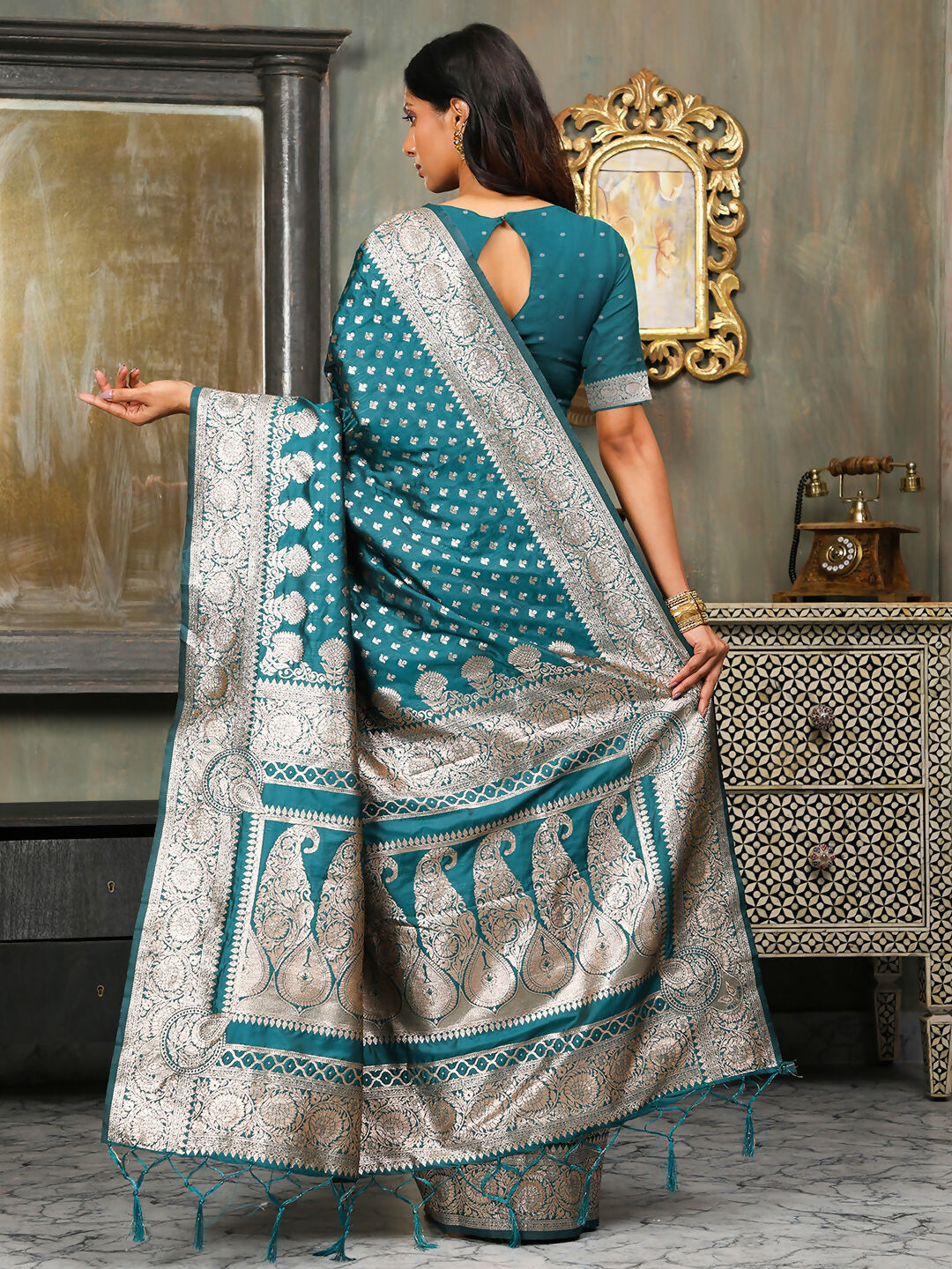 Astita Banarasi Silk Sea Green Saree | Swadesiicart