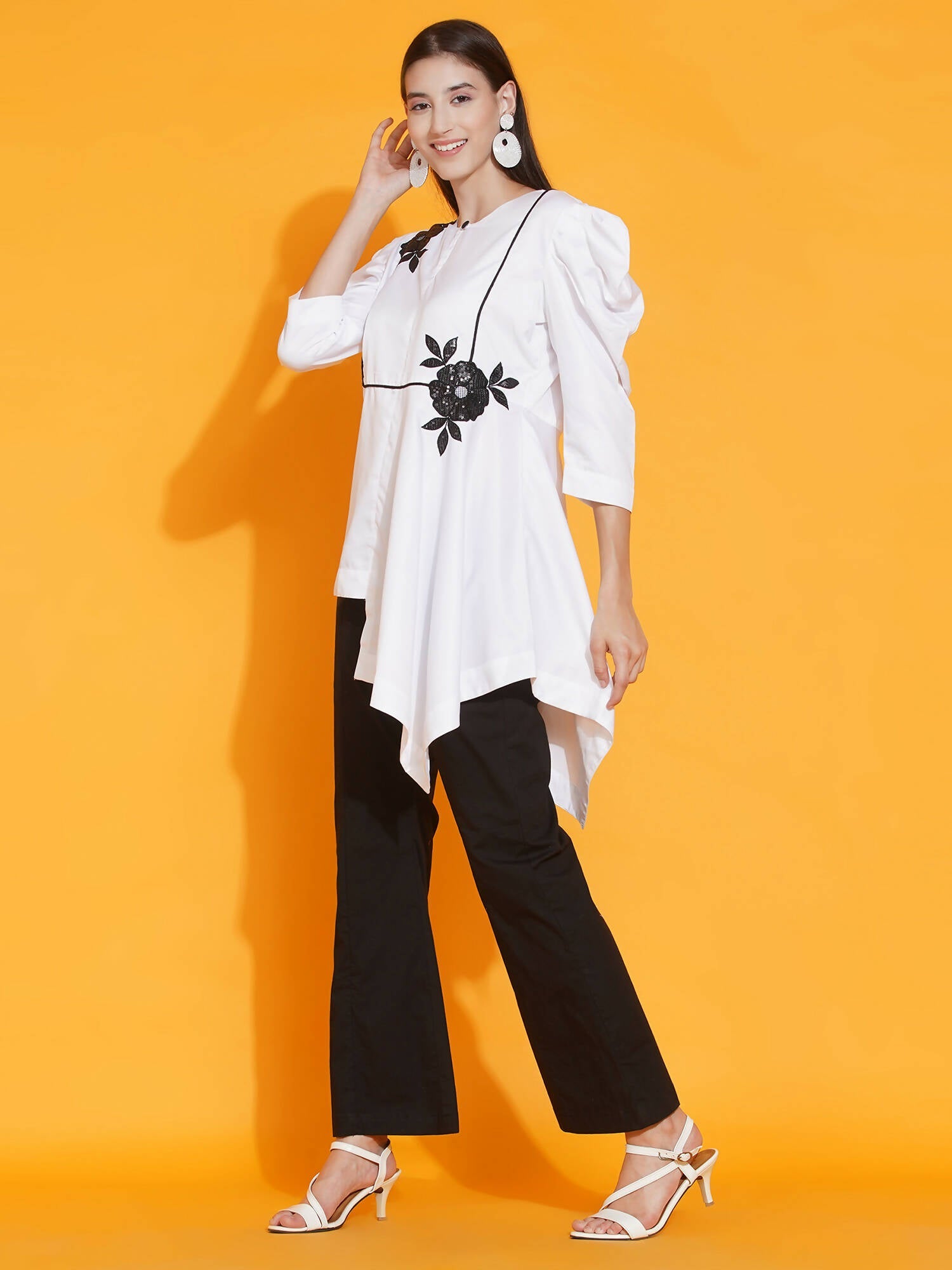 Women Republic White Shirt With Sequence Embroidery And Bellbotton Pants | Swadesiicart