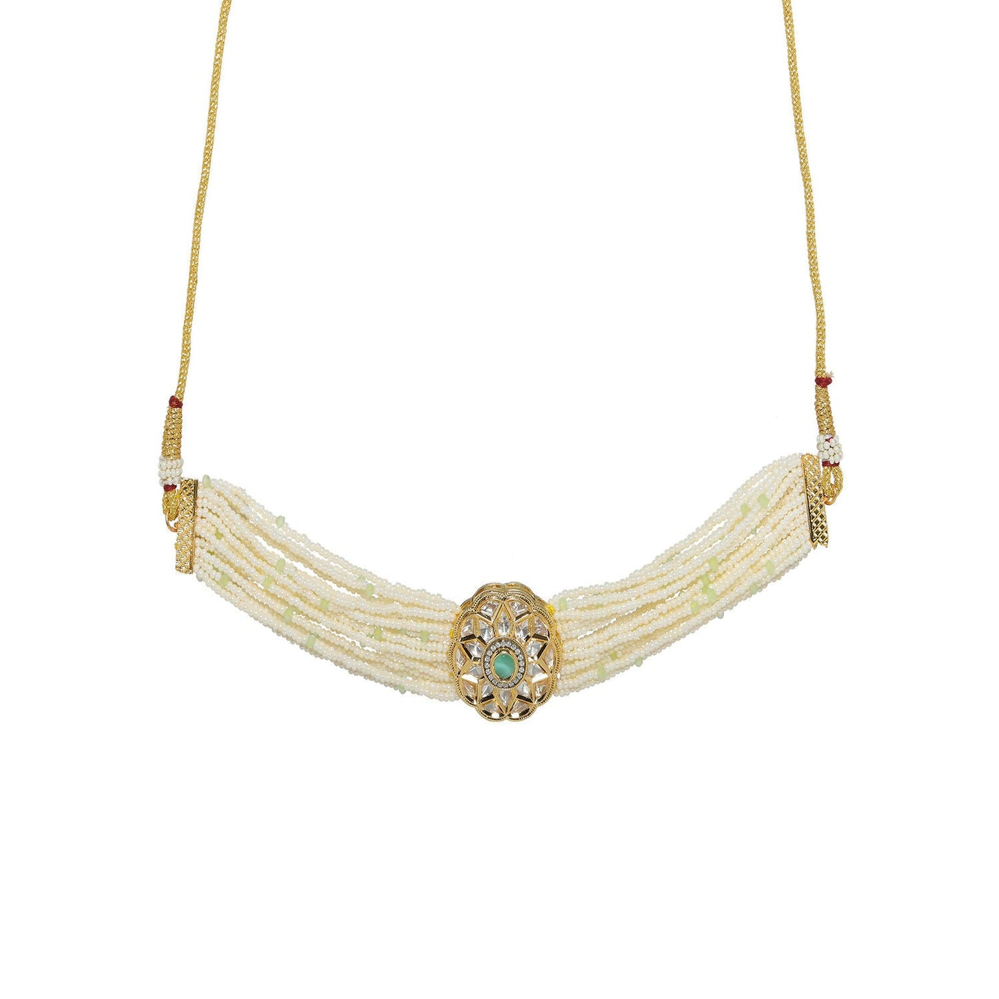 Pearl and Kundan Choker with Intricate Flower Design (White) - Ruby Raang | Swadesiicart