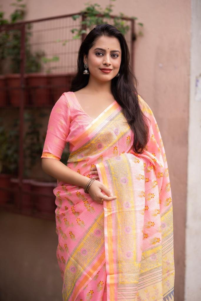 Pink Silk Blend Geometric Saree with Unstitched Blouse - Hiral Fashion | Swadesiicart