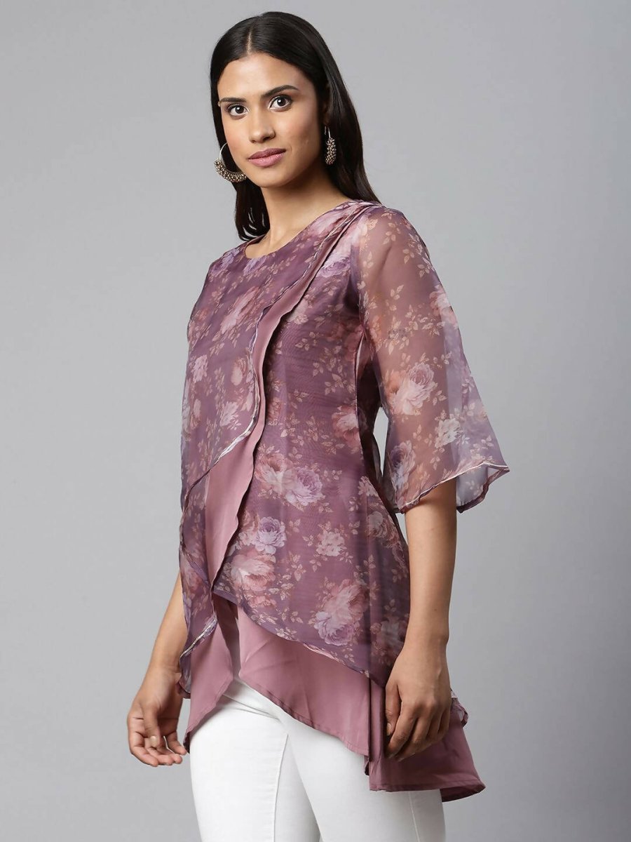 Ahalyaa Women Mauve Organza Digital Printed Tunic | Swadesiicart