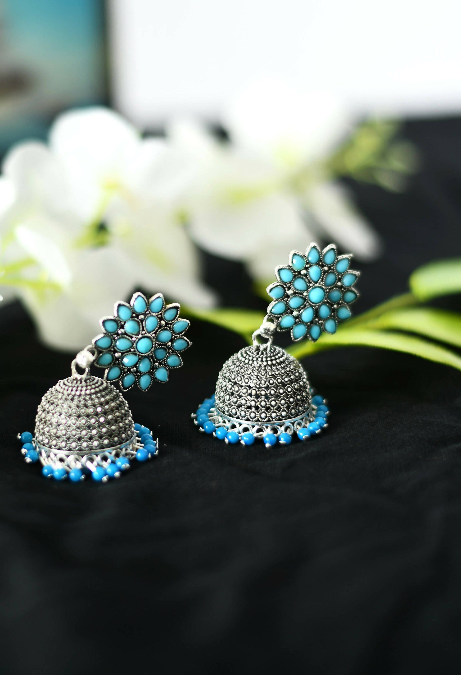 Mominos Fashion Joharkamal Kundan work Jhumka with Sky Blue Beads - Swadesiicart