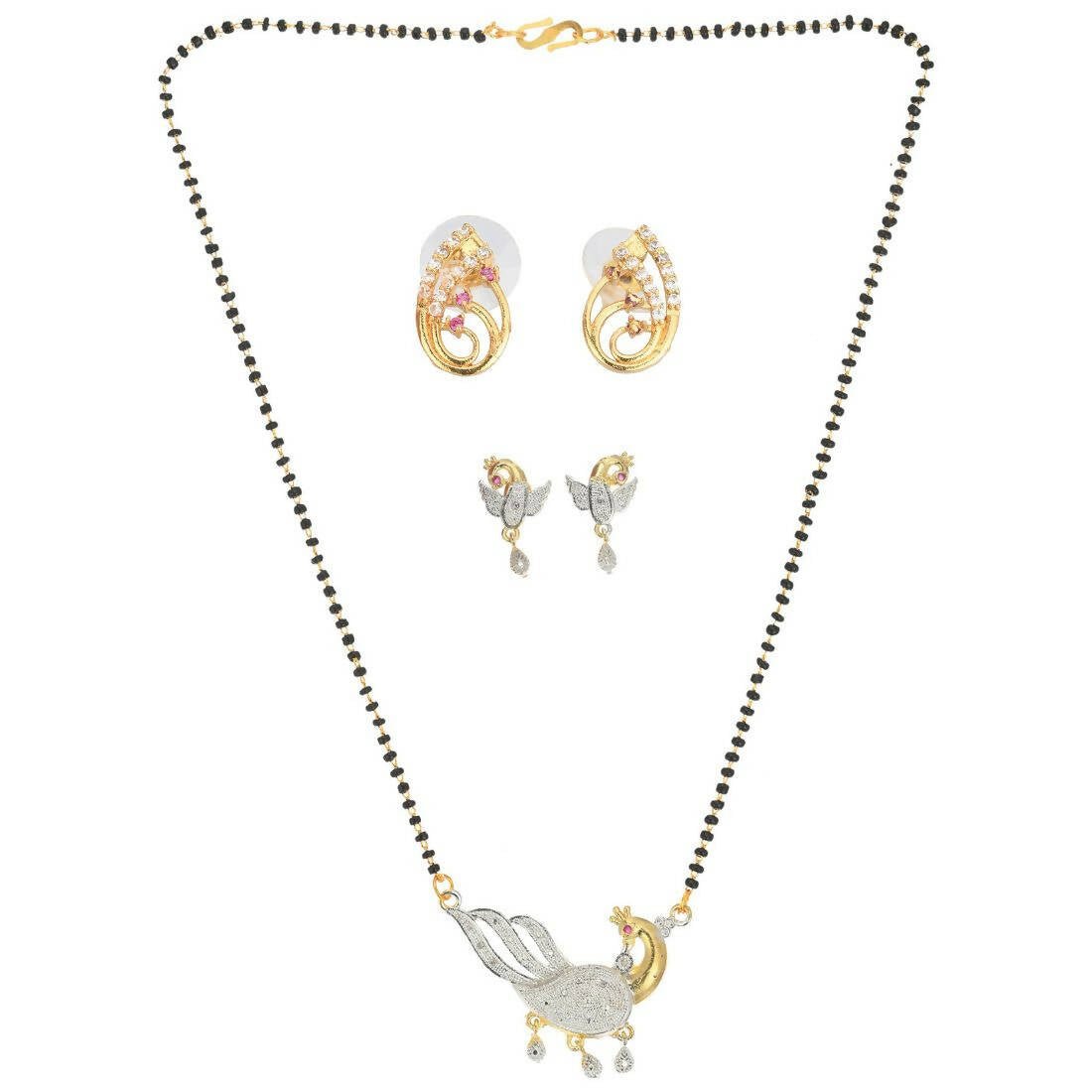 AanyaCentric Gold-Polished Mangalsutra with Pendant, 2 Pair Earrings - AanyaCentric