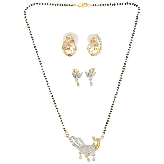 AanyaCentric Gold-Polished Mangalsutra with Pendant, 2 Pair Earrings - AanyaCentric