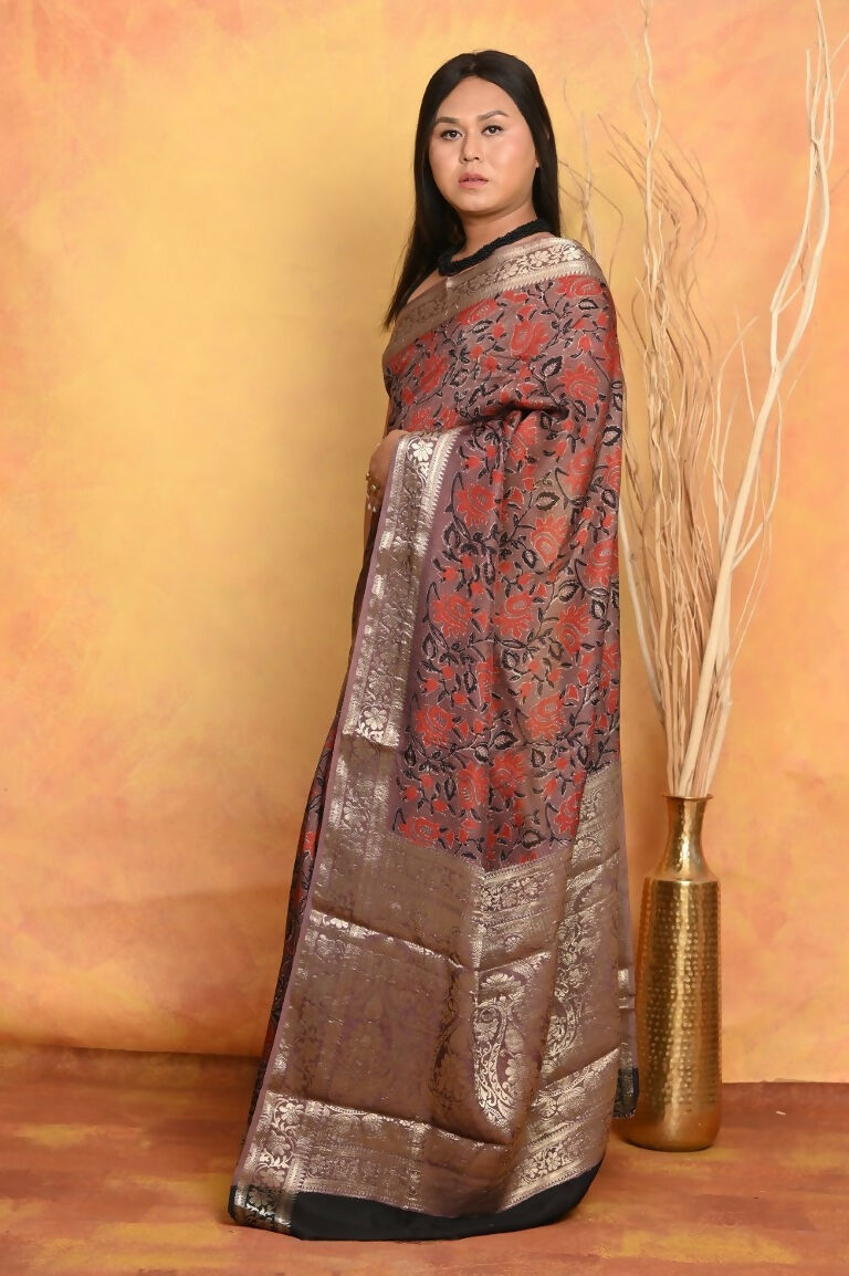 Very Much Indian Modal Silk Ajrakh Handblock Printed Natural Dyes With Designer Border Saree - Maroon | Swadesiicart