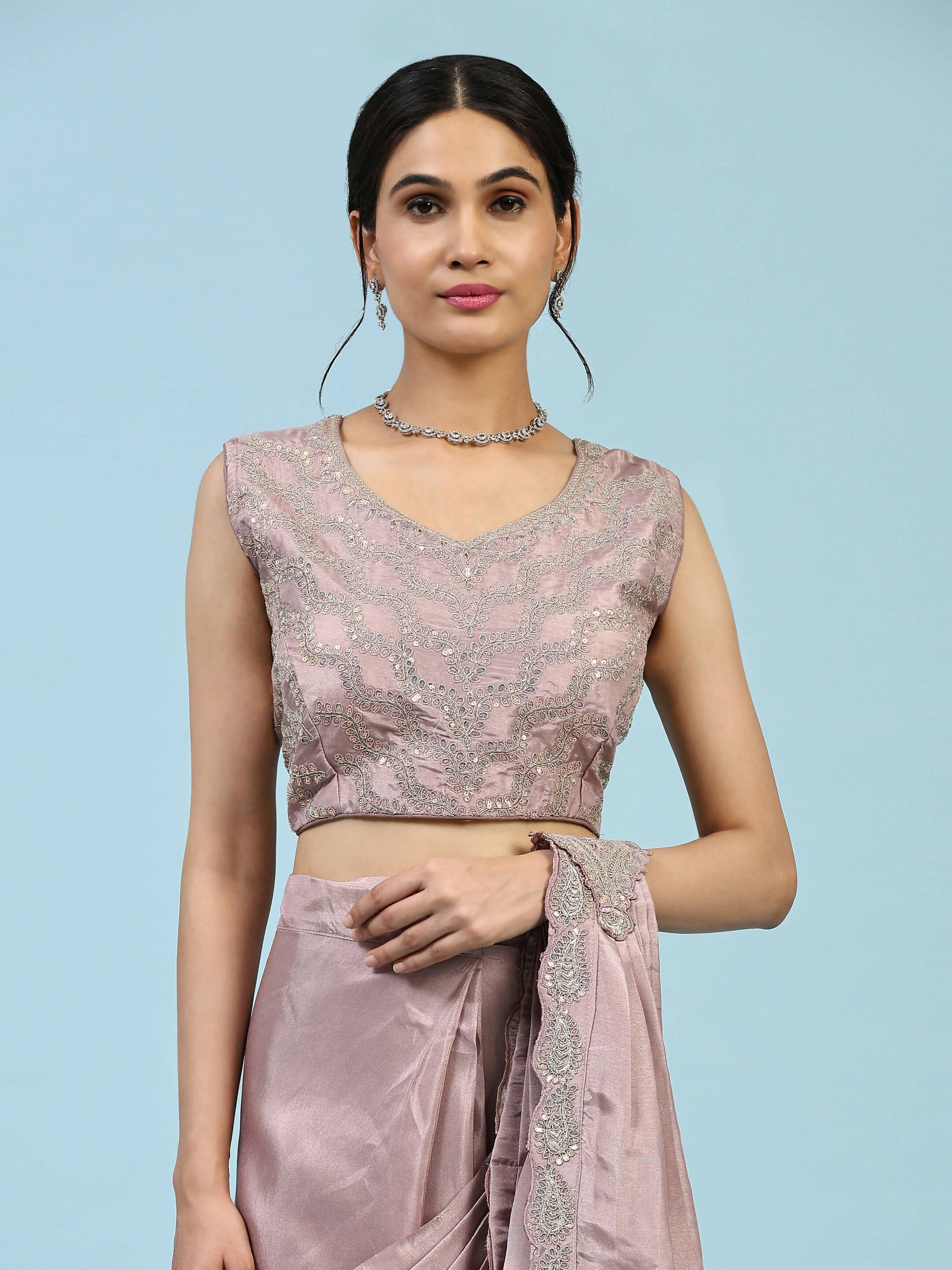 Lavendar Silk Satin Plain Ready to wear Saree with stitched Blouse - Vrinda | Swadesiicart