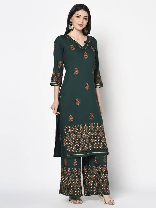 Aniyah Rayon Bottle Green Block Print Straight Kurta (AN-218K) - Swadesiicart
