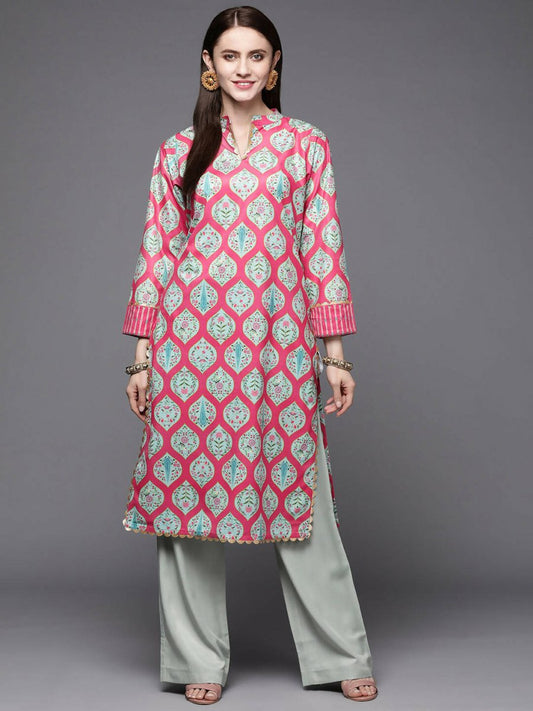 Ahalyaa Women Pink & Sea Green Floral Printed Gotta Patti Velvet Kurta | Swadesiicart