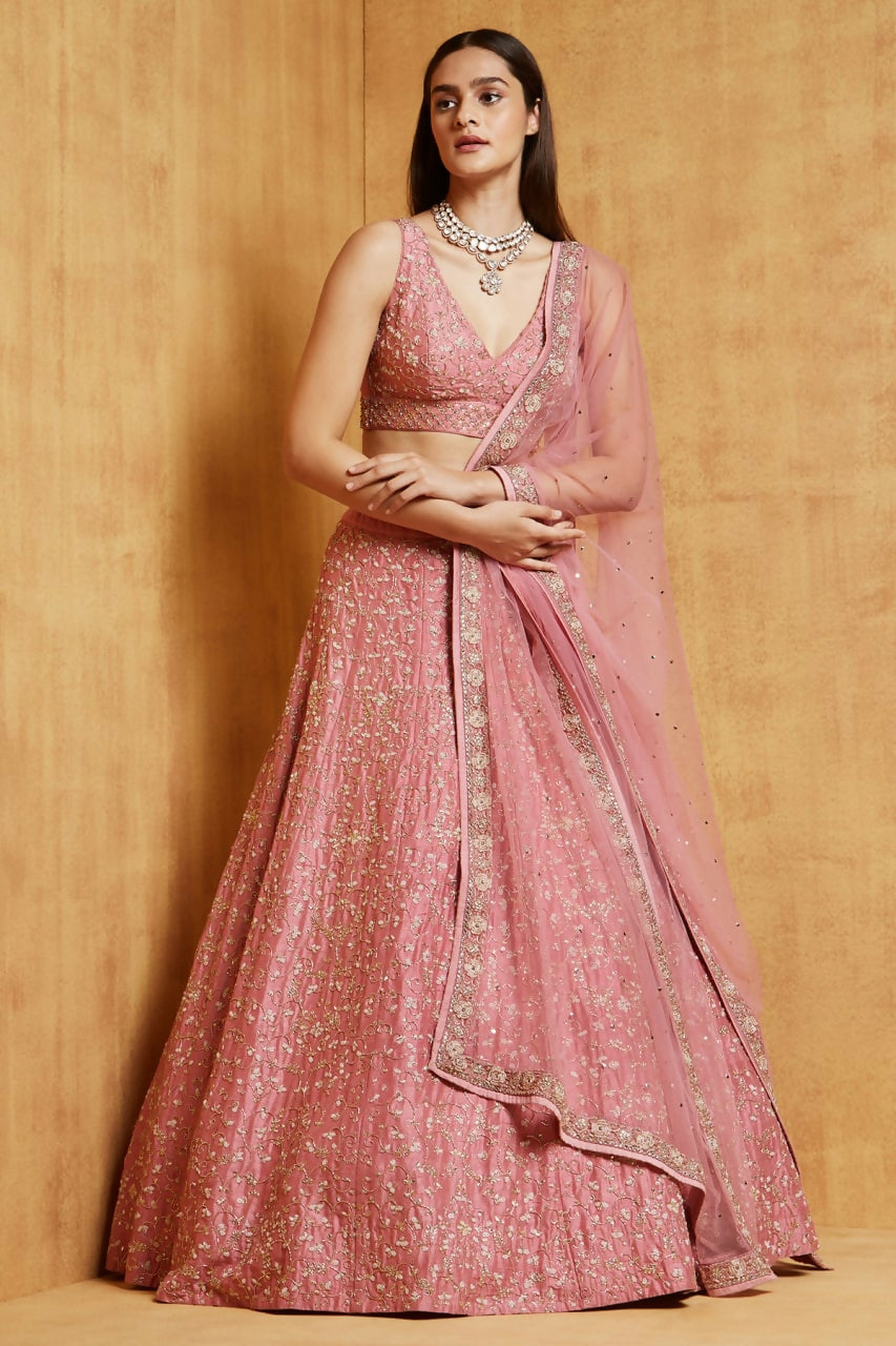 Jyoti Fashion Peach Cording Dori with Zari Thread Sequence Embroidery Malai Satin Silk Lehenga Choli with Dupatta | Swadesiicart