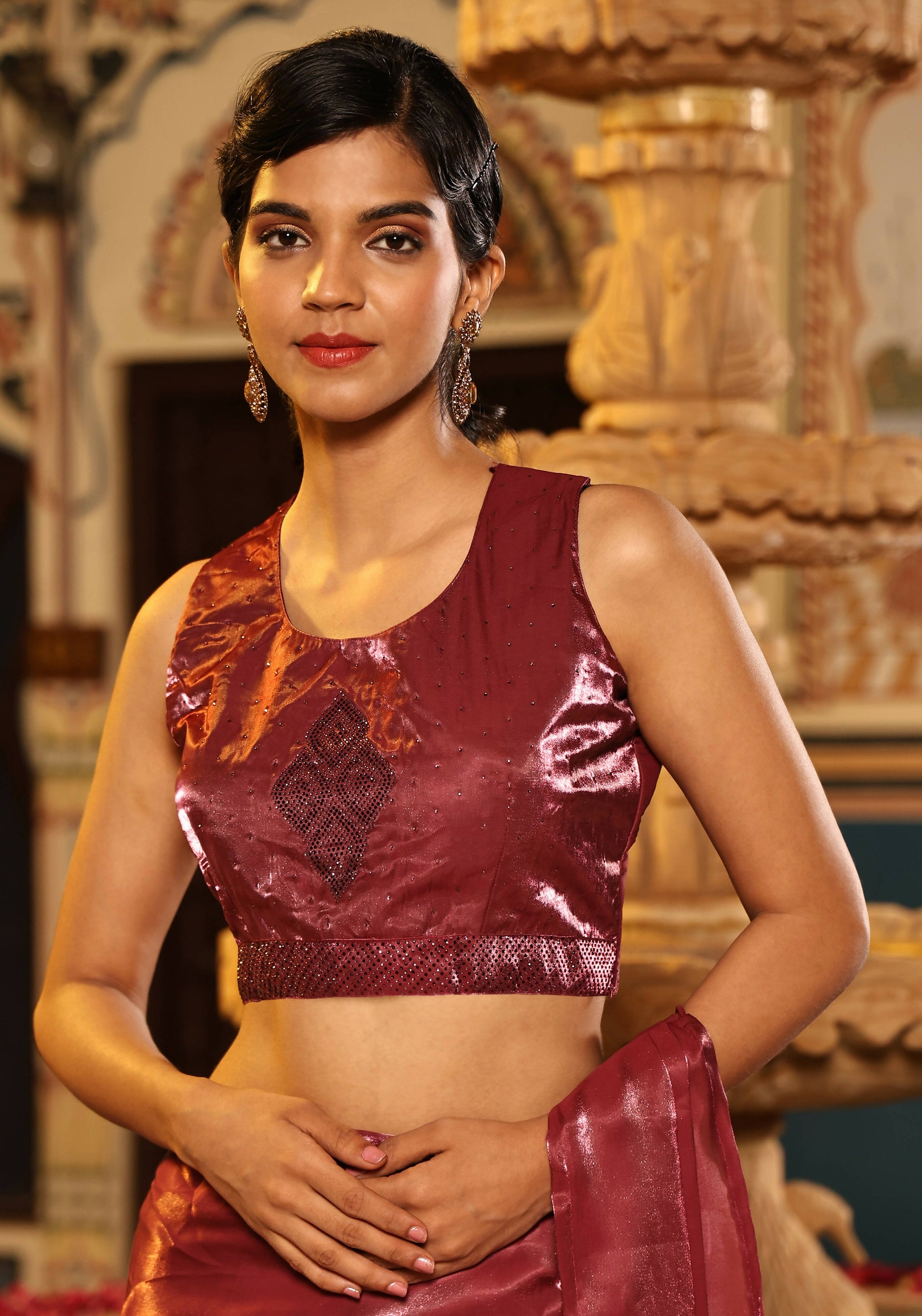 Maroon Tom Silk Plain Ready To Wear Saree With Stitched Blouse - Satiksha | Swadesiicart
