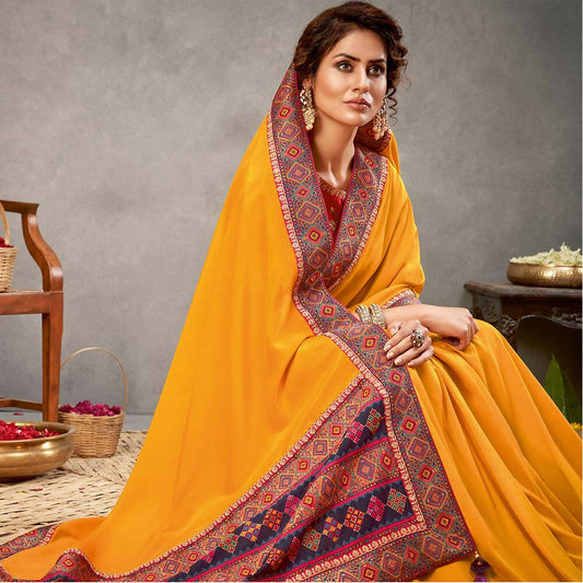 Yellow Satin Silk Zari, Cord And Sequins Embroidery Saree - Norita Arinya | Swadesiicart