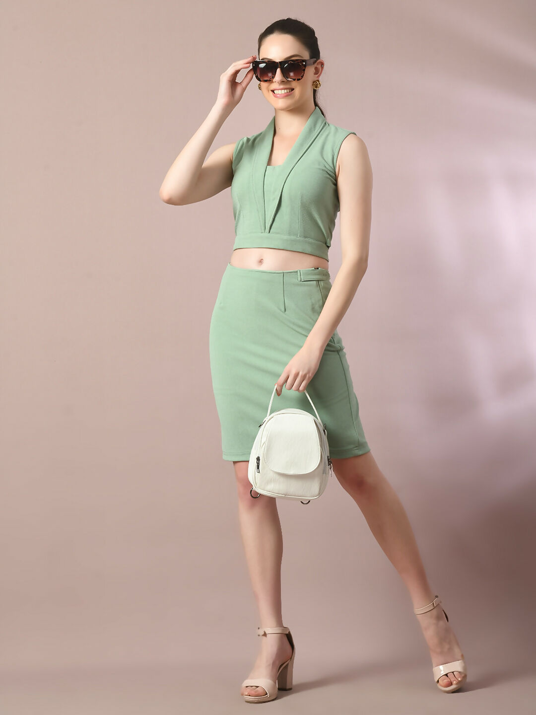 Myshka Women's Sea Green Solid Shawl Neck Party Top With Skirt Co-ord set - Swadesiicart