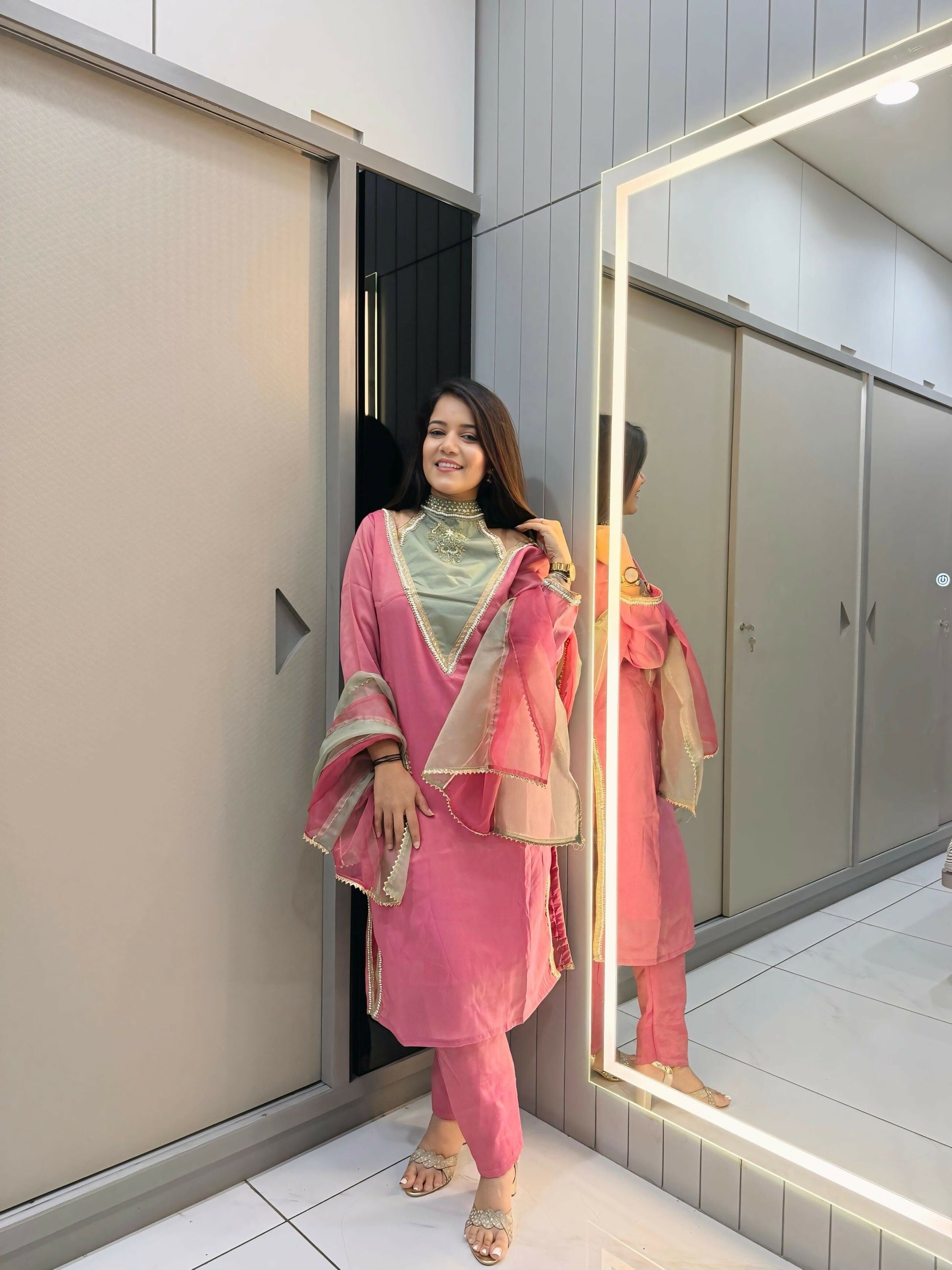 Anaita Rani-Pink Roman Shimmer Readymade Kurti Set with Designer Handwork