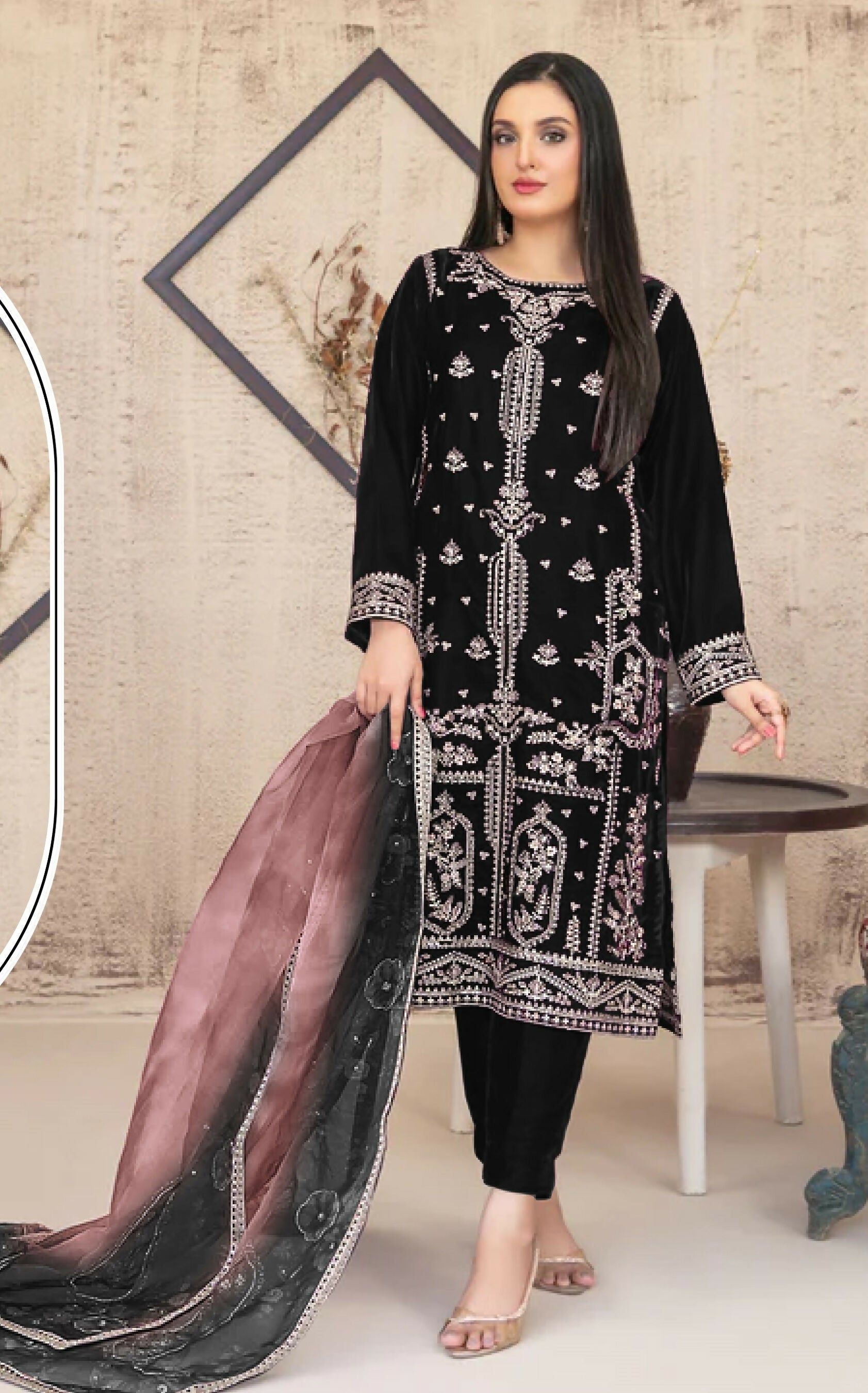 Anaita Black Velvet Suit with Embroidery Sequence Work - Swadesiicart