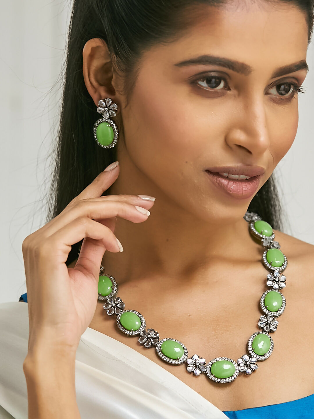 Nuyug Antique Silver Plated Crystal Studded Faux Jade Stones Embellished Necklace Set | Swadesiicart