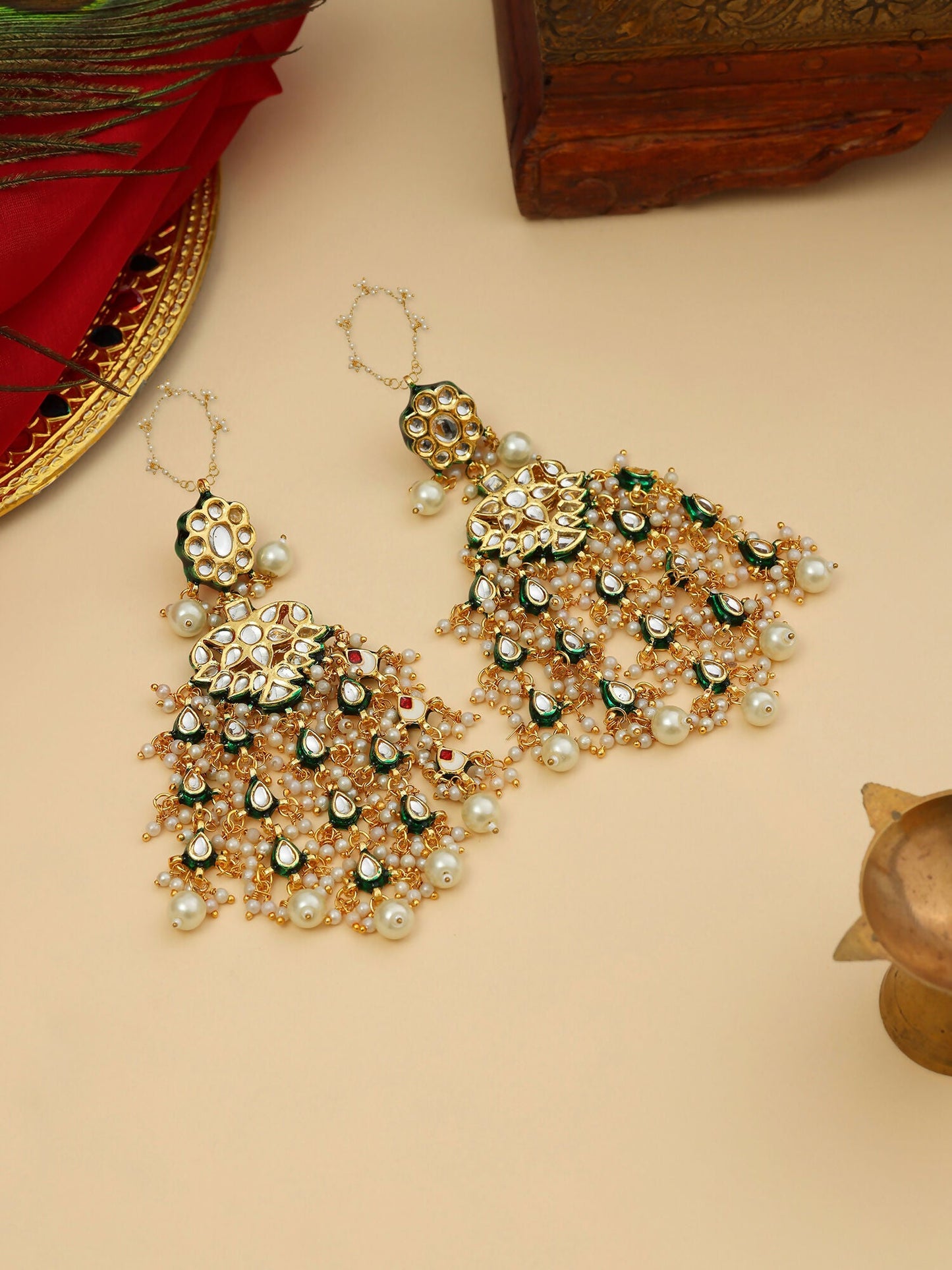 Ruby Raang 22k Gold Polished Kundan Chand Earrings With Ear Chains | Swadesiicart