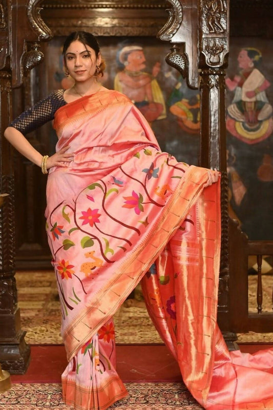 Very Much Indian Pure Silk Intricately Woven Handloom Paithani-Pretty Peach | Swadesiicart