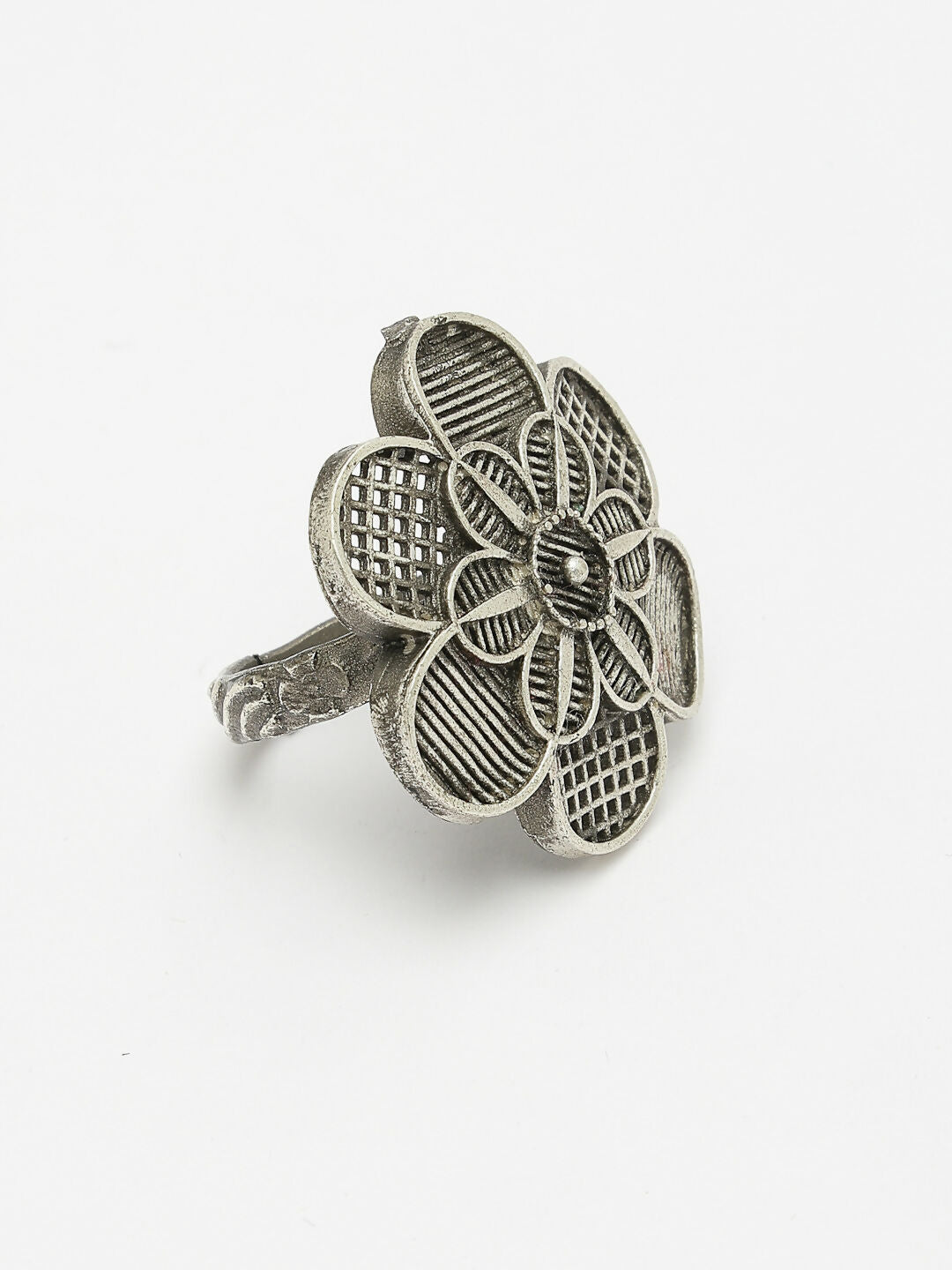 NVR Women's Silver-Toned Floral Shape Adjustable Finger Ring | Swadesiicart