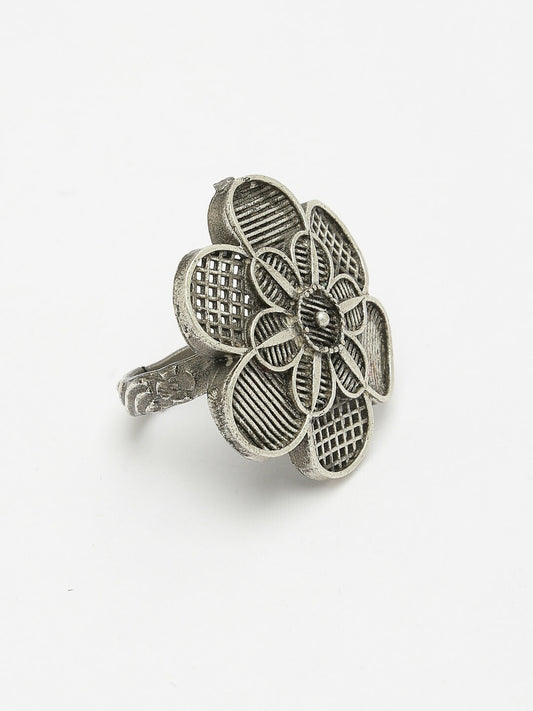 NVR Women's Silver-Toned Floral Shape Adjustable Finger Ring | Swadesiicart