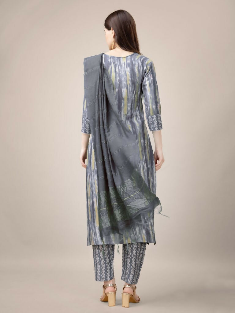 Jyoti Fashion Women's Grey Rayon Print with Embroidery & Fancy Lace Work Kurta with Trouser & Dupatta | Swadesiicart