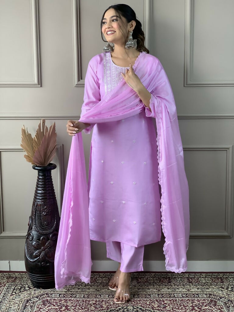 Lavender Viscose Chanderi Stitched Suit With Dupatta - Tanisha | Swadesiicart