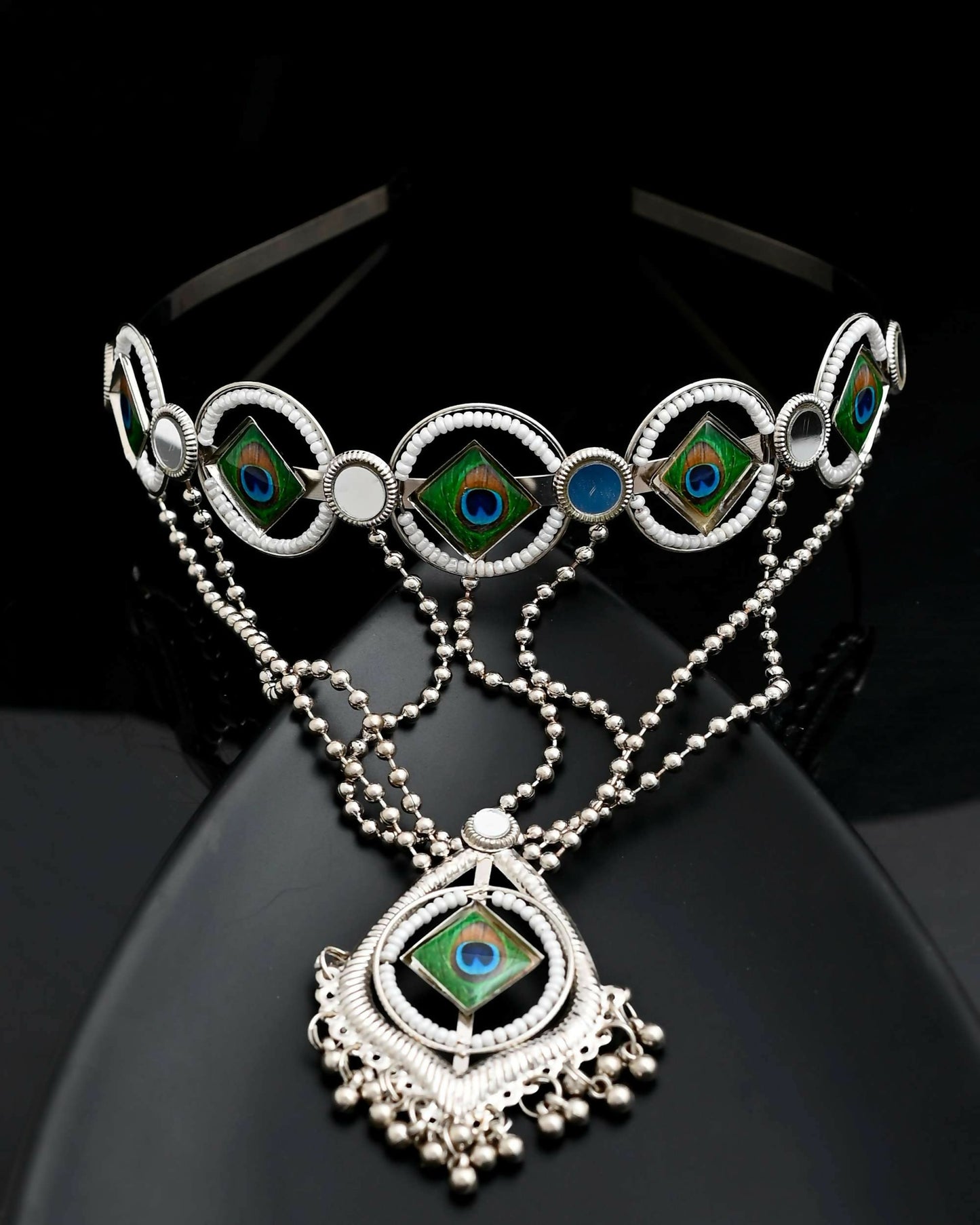 VOJ Silver Plated Peacock Printed Hairband With Mang Tikka | Swadesiicart