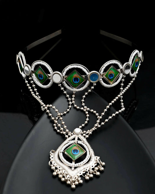 VOJ Silver Plated Peacock Printed Hairband With Mang Tikka | Swadesiicart