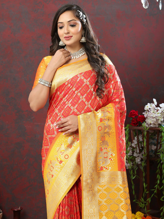 Lorenvalley Fashion Red & Yellow Patola Silk Woven Design Meenakari Weaving Saree - Swadesiicart