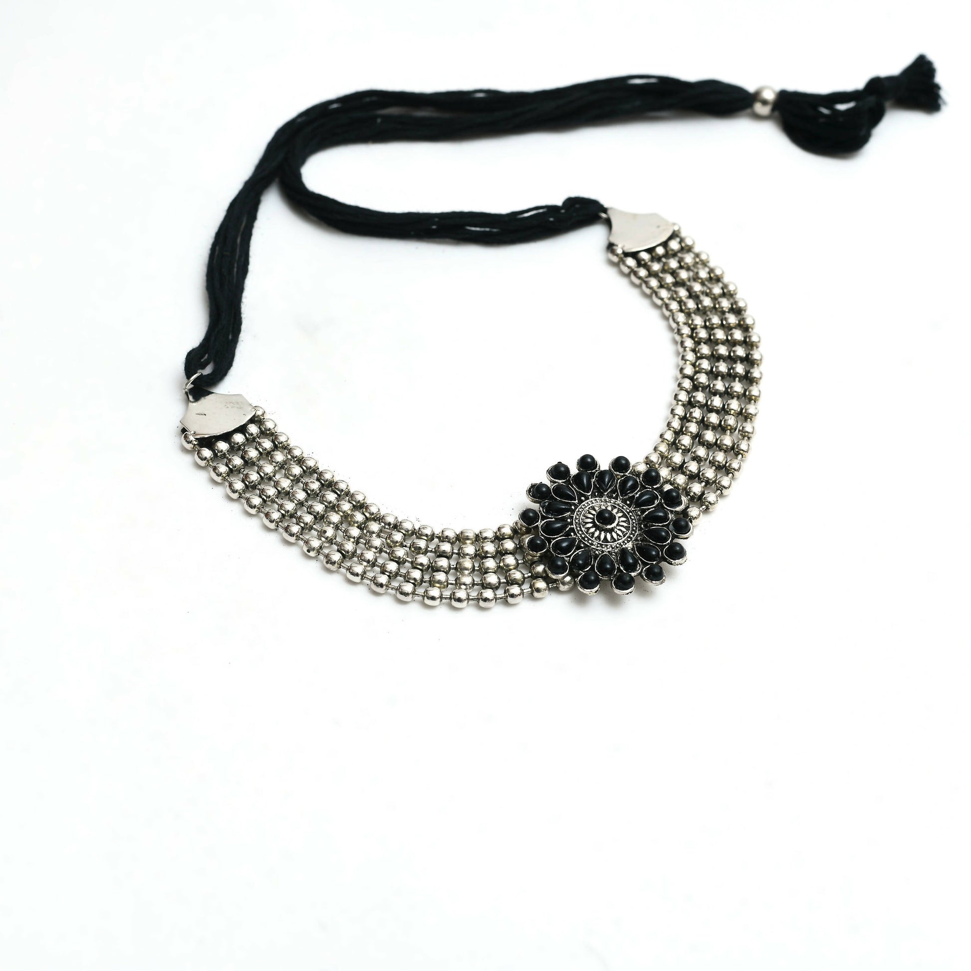 Mominos Fashion Johar Kamal Oxidised Silver-Plated Brass Finish Kundan Choker For Women (Black) | Swadesiicart